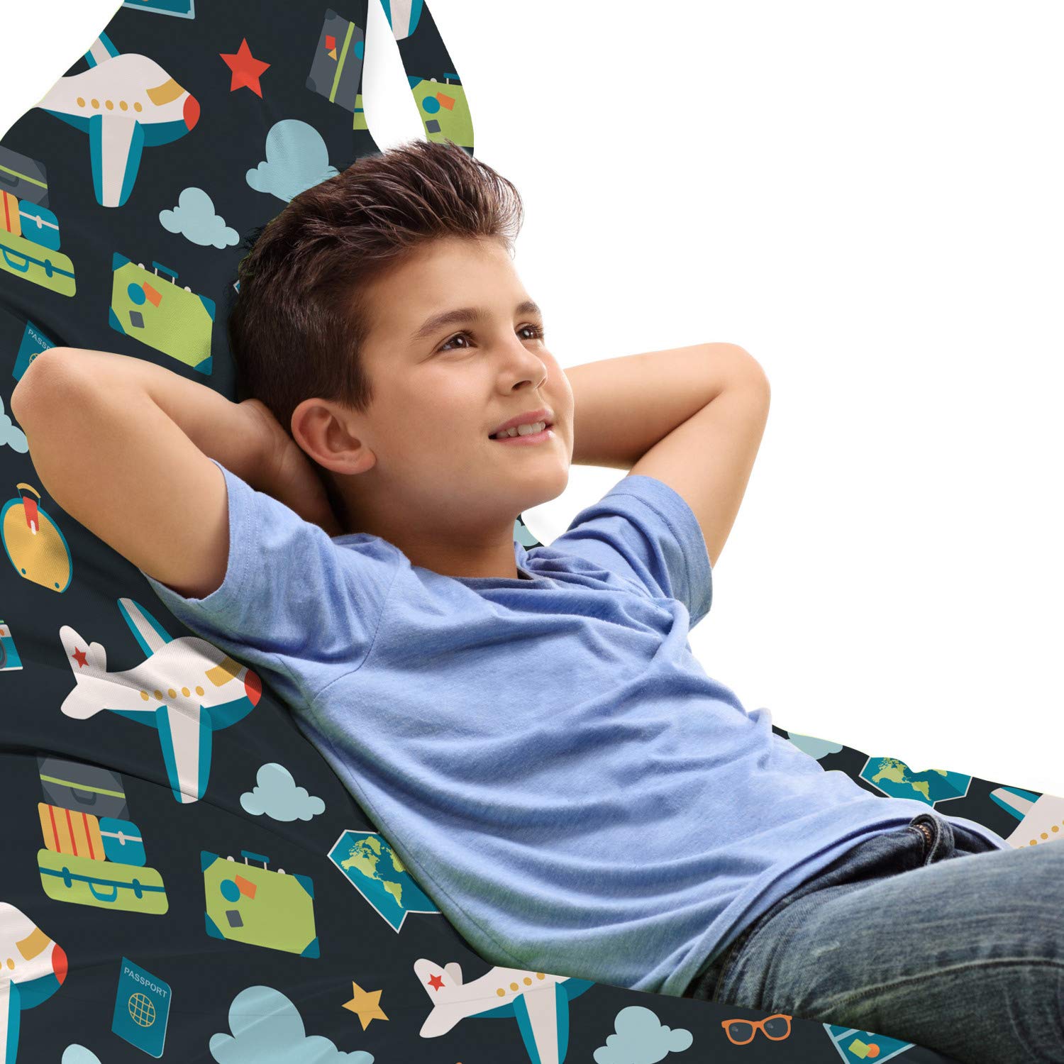 Ambesonne Airplane Lounger Chair Bag - Doodle Style Travel Motif with Suitcases, Clouds, Stars & Cameras - High Capacity Storage with Handle - Perfect for Travel, Camping & Outdoor Relaxation