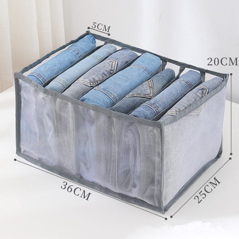 7 Grids Washable Wardrobe Clothes Organizer - Foldable Jeans Storage Divider - Mesh Closet Drawer Organizer with Visible Compartments (Gray) - Perfect for T-Shirts, Pants & Sweaters Organization