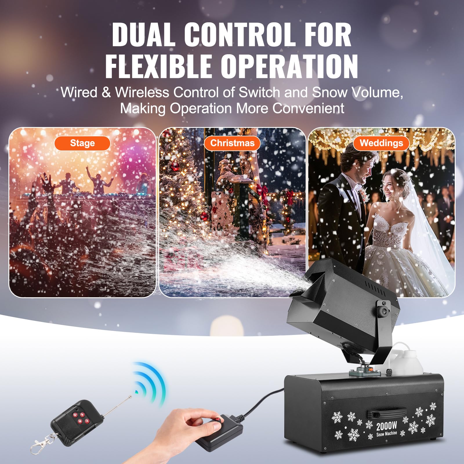 VEVOR 2000W High Output Snow Machine with 70㎡ Wide Coverage & Dual Remote Control - 90° Adjustable Shaking Head for Christmas Parties, Weddings, Stage Effects, and Winter Events
