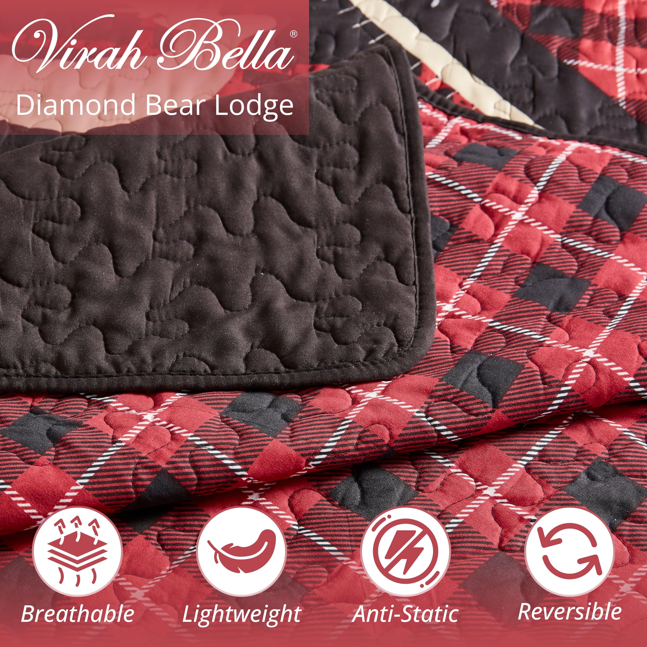 Virah Bella 3-Piece Queen Lodge Quilt Bedding Set - Rustic Diamond Bear Lodge Design - Reversible Camping Comforter with Decorative Pillow Shams (Burgundy/Black) - Perfect for Cabin Retreats, Country Homes & Cozy Bedrooms