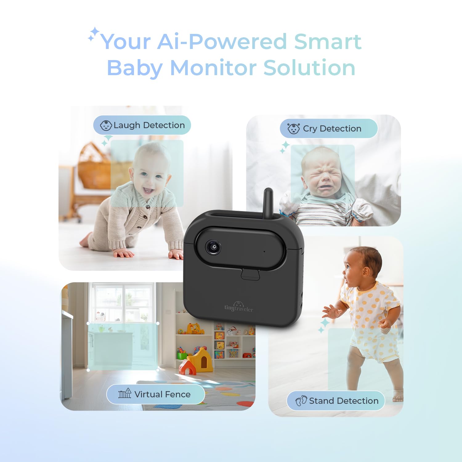 Tiny Traveler AI Smart Wireless Baby Car Monitor with Cry/Laugh/Stand Detection & Virtual Fence - 1000ft Long Range, Night Vision, Lullabies & Night Light for Safe Baby Monitoring in Cars, Strollers & Travel | Perfect for Road Trips & Family Outings