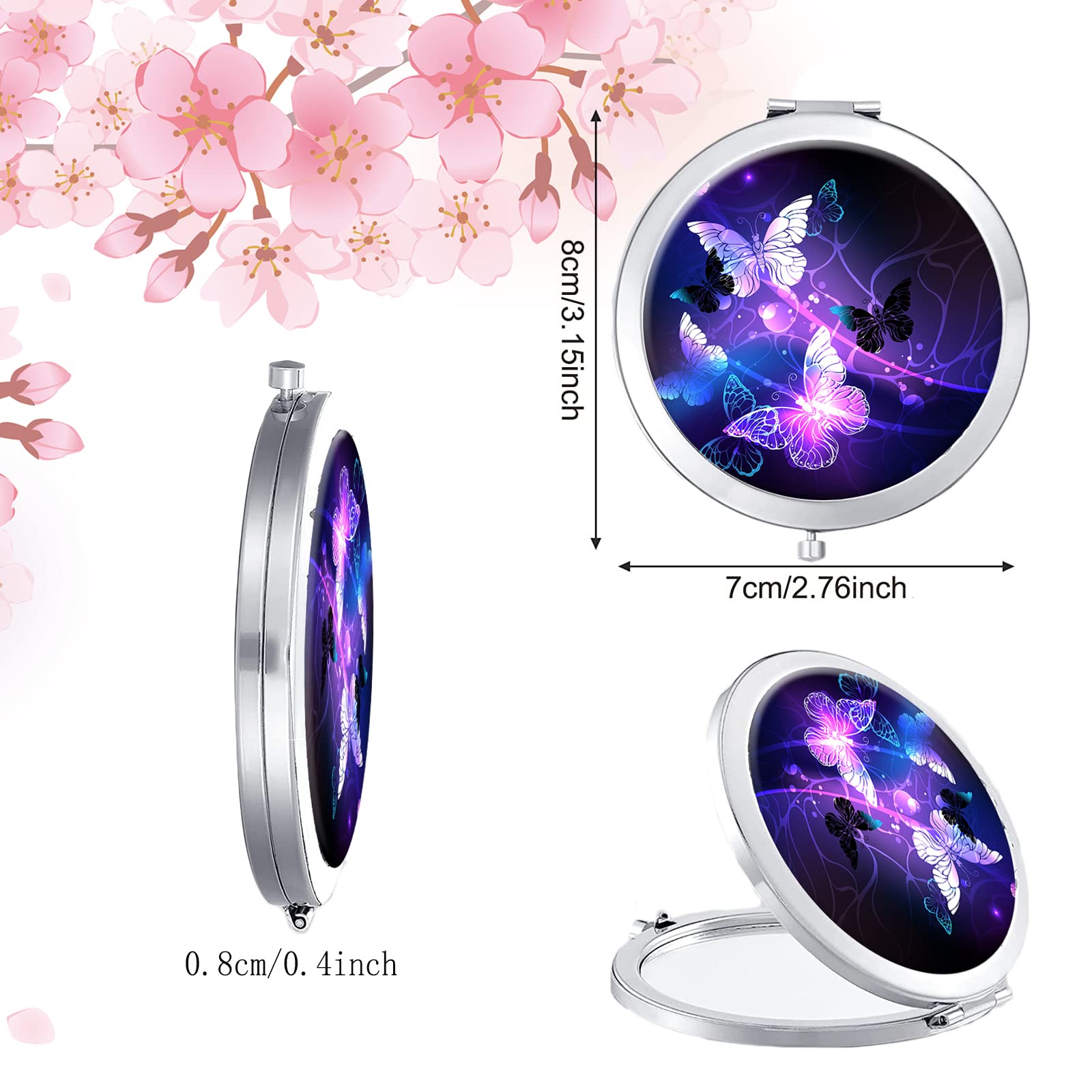 LONNAONE Compact Mirror for Women - Round Mini Travel Makeup Mirror with Butterfly Design, Portable Folding Handheld Mirror for Purse, Handbag & Makeup Touch Ups (Silver Purple) - Perfect for Travel, Home & Office Use