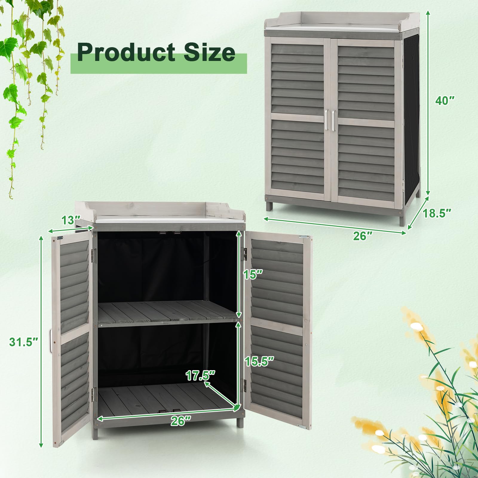 **AFSTAR Outdoor Potting Bench with Metal Tabletop & 2 Storage Shelves – Waterproof Garden Tool Shed, Wooden Potting Table for Patio & Backyard – Grey | Perfect for Gardening, DIY Projects & Outdoor Storage**