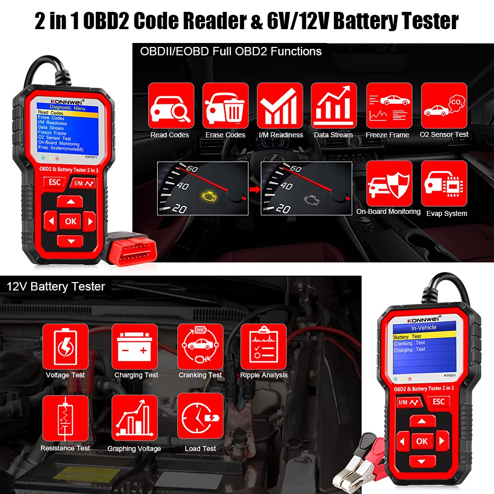 KW681 OBD2 Scanner & Battery Tester with KW510 Battery Charger - Professional Car Diagnostic Tool for Battery Testing, Charging & Vehicle Maintenance