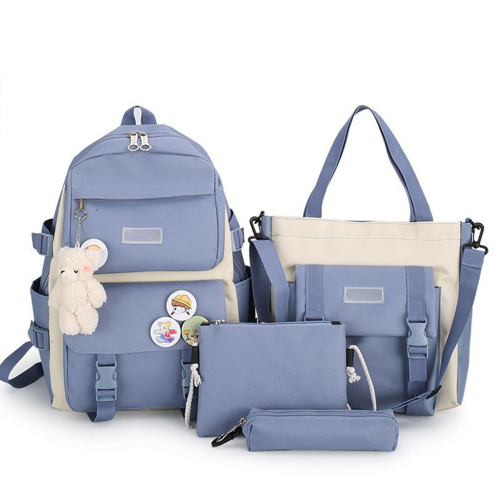 4pcs Cute Japanese Preppy Backpacks for Girls - Aesthetic School Backpack Set in Blue | Perfect for School, Travel & Everyday Use