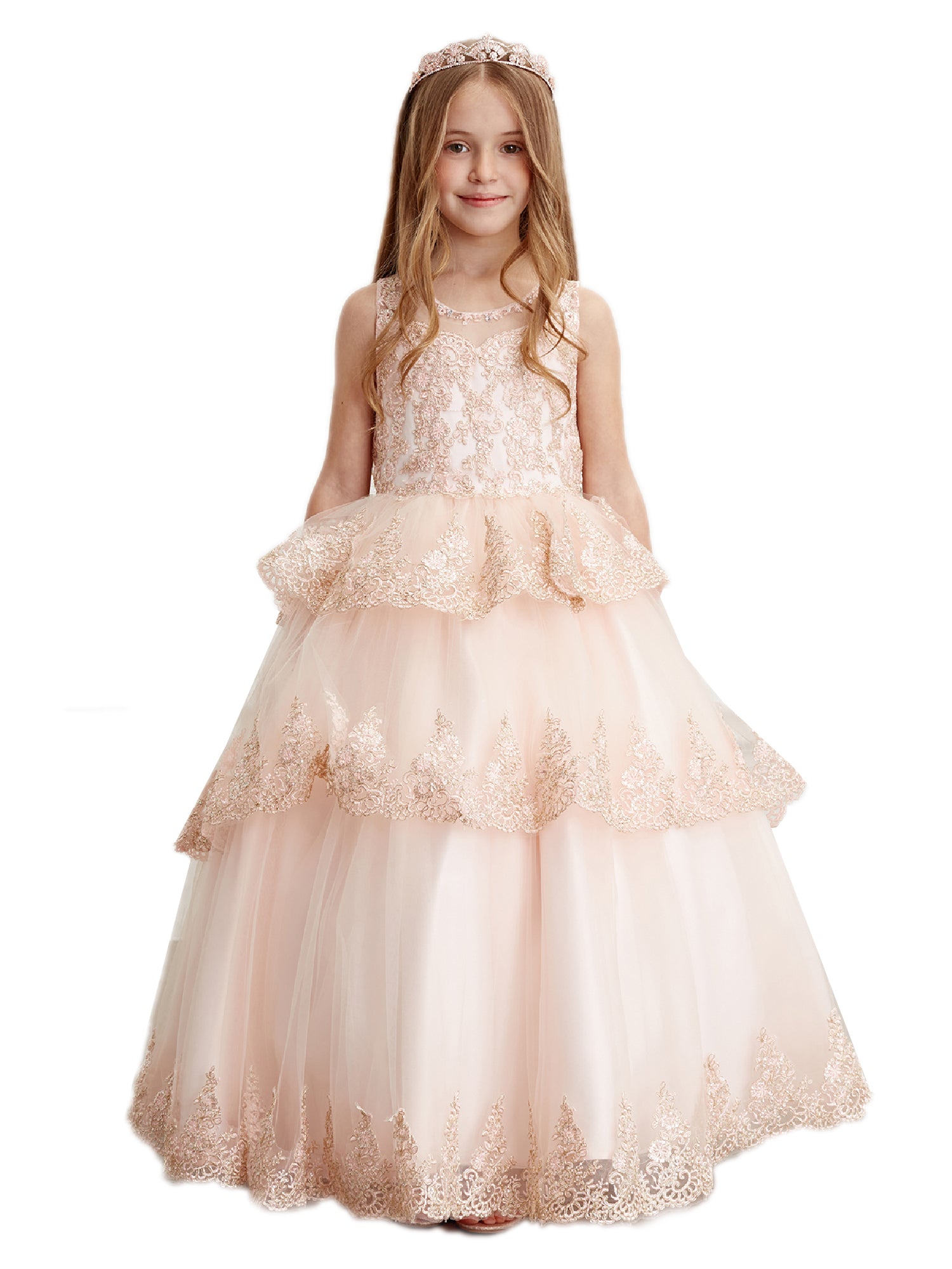 Rose Gold Glitter Pageant Dress for Girls Size 8-18 | Sparkly V-Neck Mesh Overlay Prom Gown | Perfect for Pageants, Dances & Special Occasions