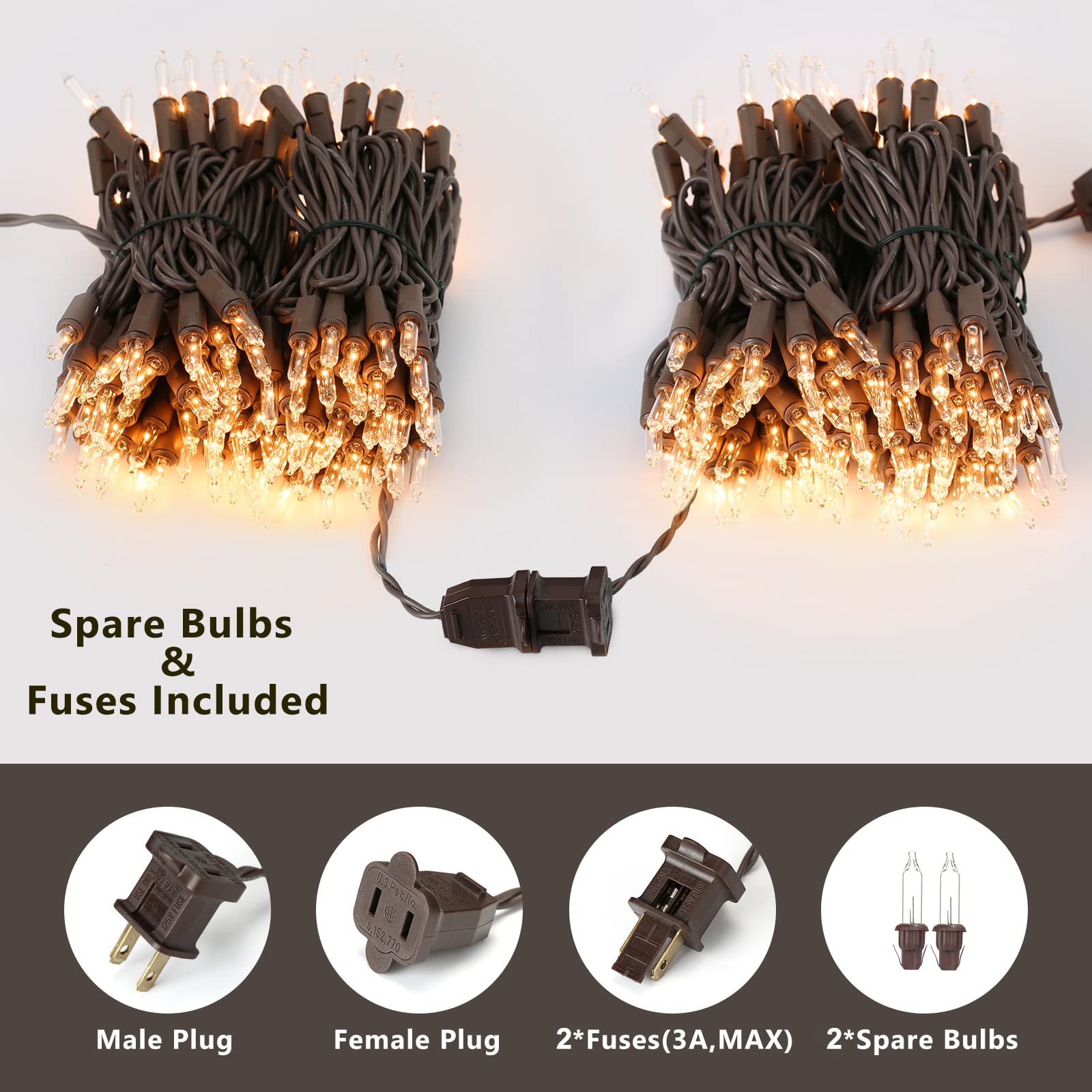 ODEETRONIC 100-Count Clear Christmas Lights String - 21.63ft Brown Wire Incandescent Lights, UL Certified for Outdoor & Indoor Use - Perfect for Christmas Trees, Weddings, Parties & Home Decor (Warm White)