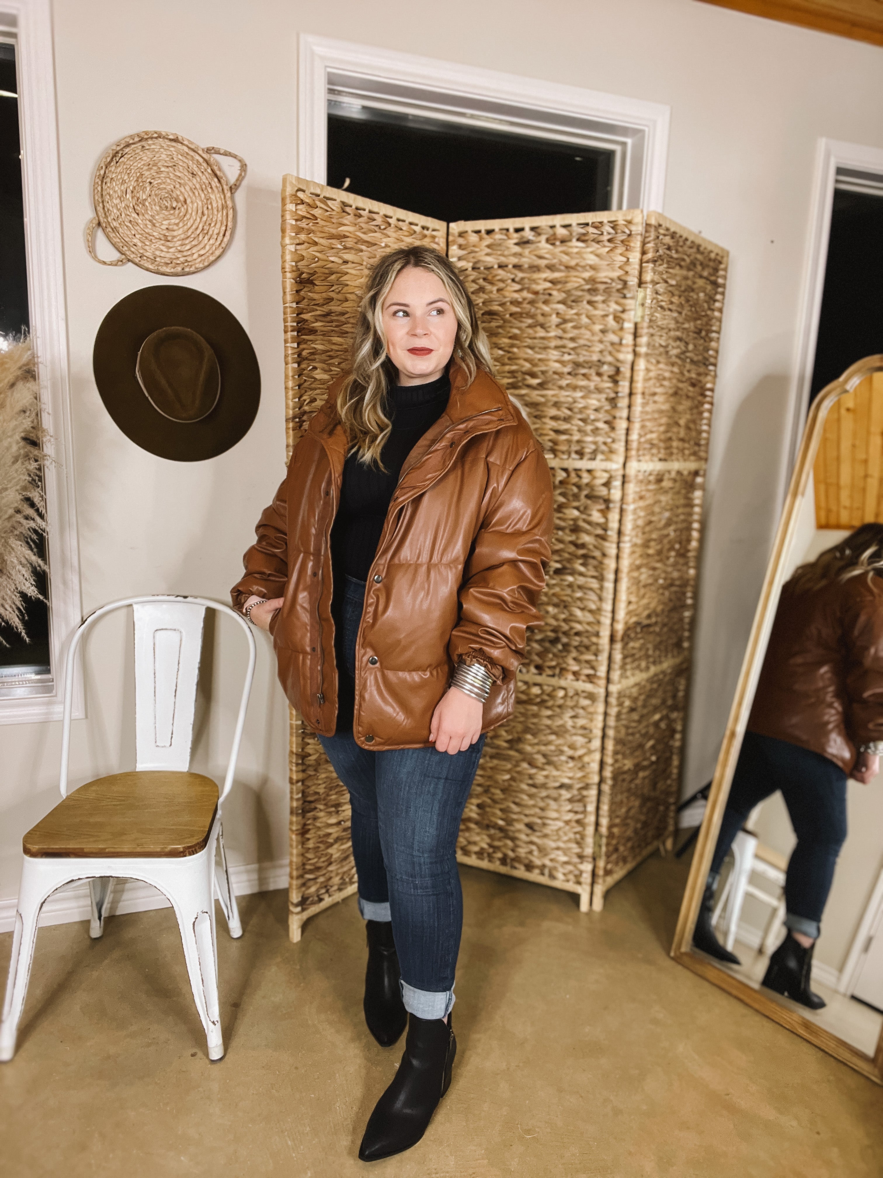 Boston Chill Button & Zip Up Faux Leather Puffer Jacket in Brown | Winter Outerwear for Men & Women | Perfect for Cold Weather & Urban Style