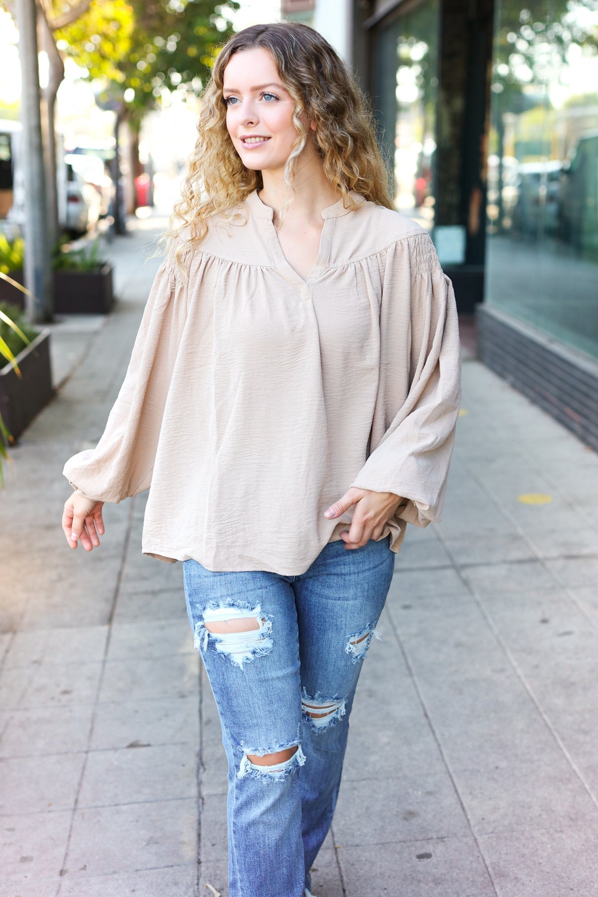 Boho Chic Taupe Smocked Bubble Sleeve Blouse with Notched Neckline - Perfect for Summer Festivals & Beach Vacations