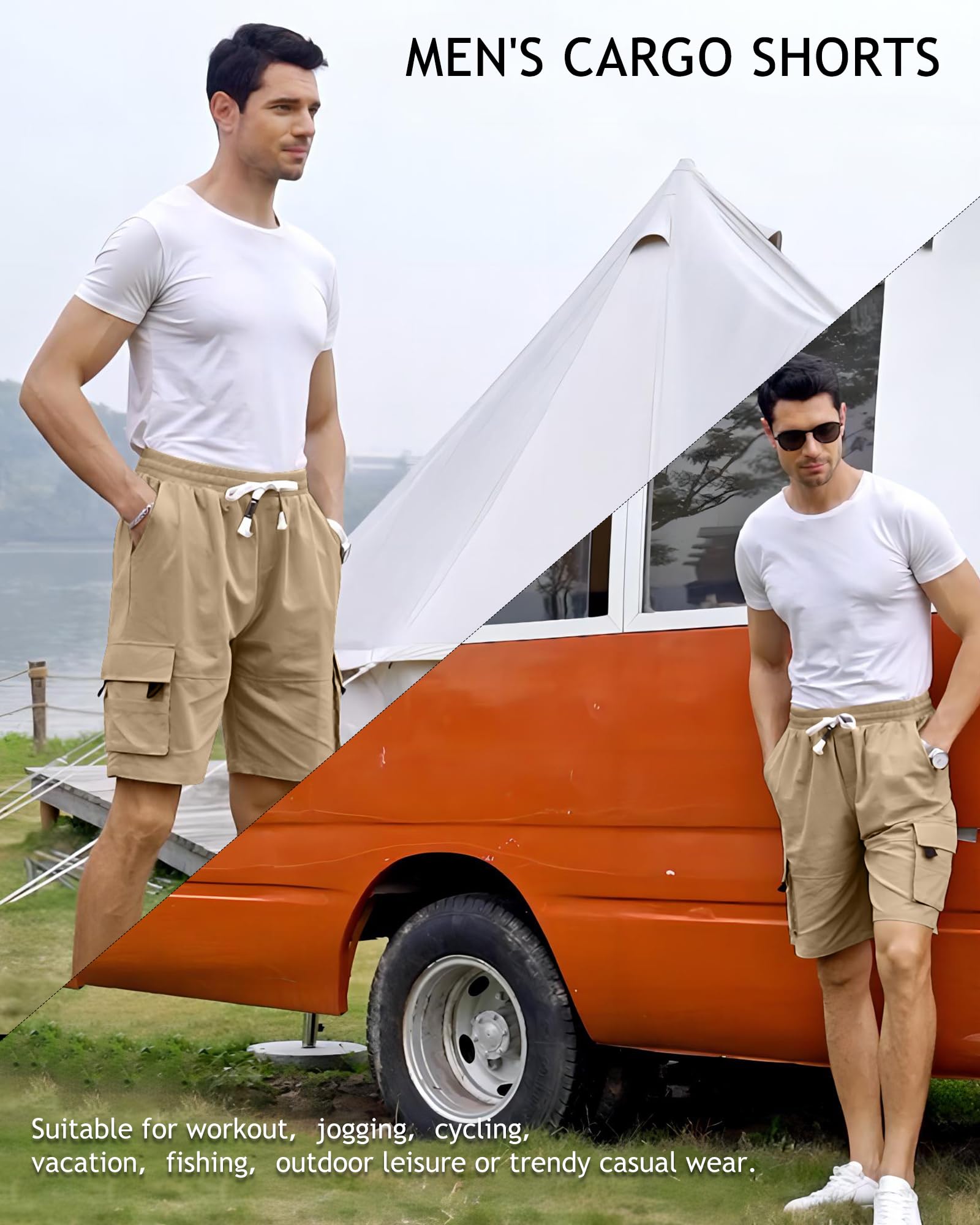 NANAMEEI Men's Elastic Waist Cargo Shorts - Summer Work Shorts with Multiple Pockets for Outdoor, Casual, and Travel Wear