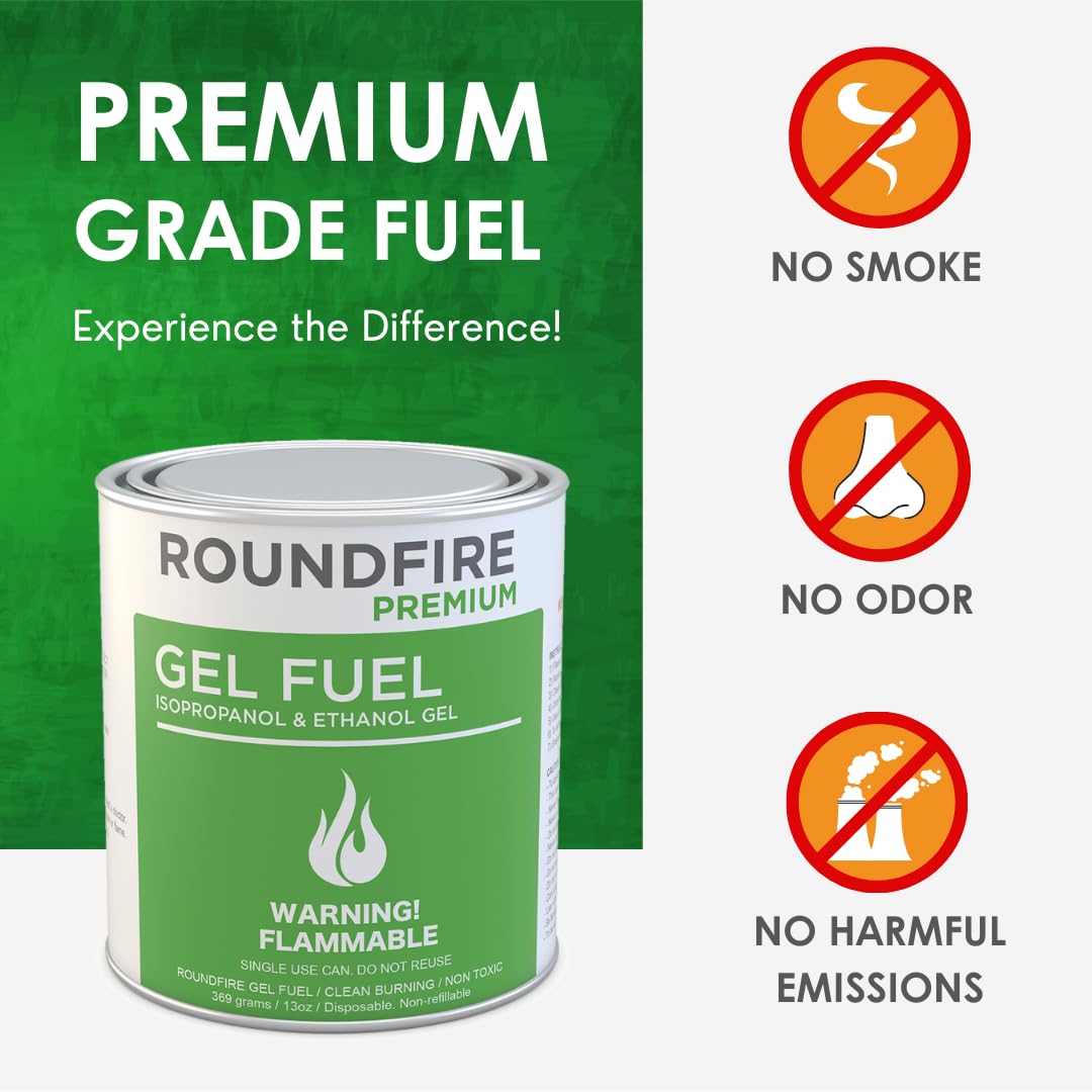 24 Pack Roundfire Gel Fuel Cans for Fire Bowls, Fireplaces & Tabletop Fire Pits - Indoor/Outdoor Use for Patio, Deck, Backyard & Camping Warmth