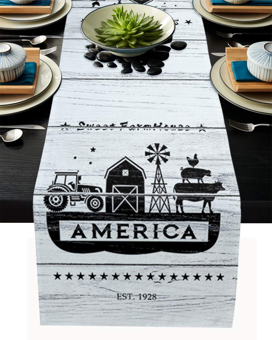 Sweet Farmhouse Table Runner 13x120 Inch - Vintage Wooden Pattern Coffee Table Decor, Entryway & Dresser Scarf - American Country Style Home Decor for Dining Room, Kitchen & Farmhouse Theme Parties