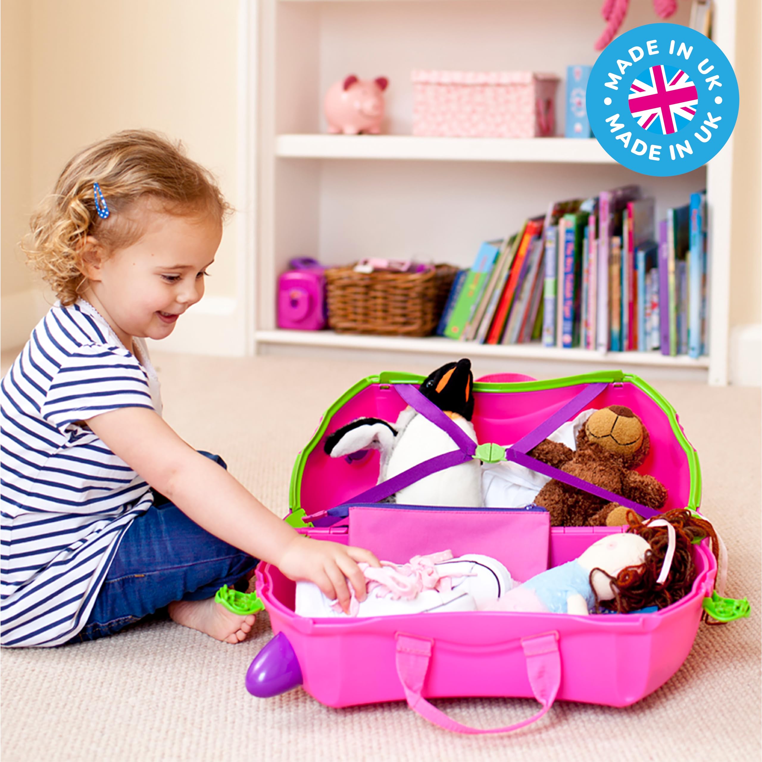 Trunki Ride-On Kids Suitcase - Tow-Along Toddler Luggage with Wheels | Cute Carry-On Travel Bag for Girls | Airplane Essentials & Kids Travel Accessories | Perfect for Family Trips & Airports (Trixie Girl Pink)