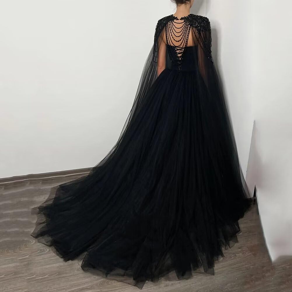 Elegant Black Beaded Wedding Dress with Cape | Strapless Tulle Bridal Gown for Bride | Pearly Embellished Long Wedding Dress for Evening Ceremony, Vow Renewal & Formal Events