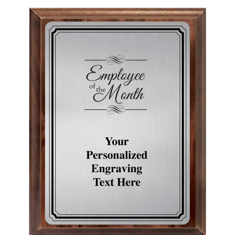 Custom Employee of the Month Plaque - 6x8 Silver Trophy on Walnut Wood | Office Recognition Award