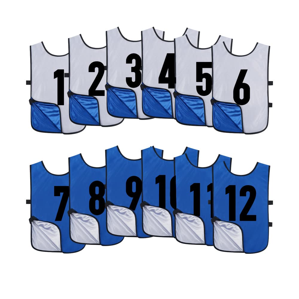 12 Pack Reversible Numbered Pinnies - Double Sided Scrimmage Vests for Kids & Adults - Team Practice Jerseys for Soccer, Basketball & Sports Training - Perfect for School PE, Youth Leagues & Group Drills