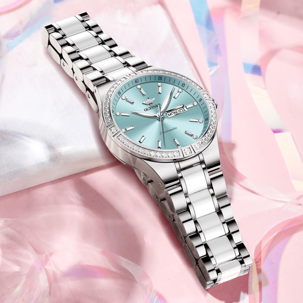 OUPINKE Luxury Automatic Women's Watch with Diamond Bezel, Self-Winding Stainless Steel, Sapphire Crystal & Ceramic Band - Elegant Dress Watch for Women, Perfect for Business, Parties & Special Occasions