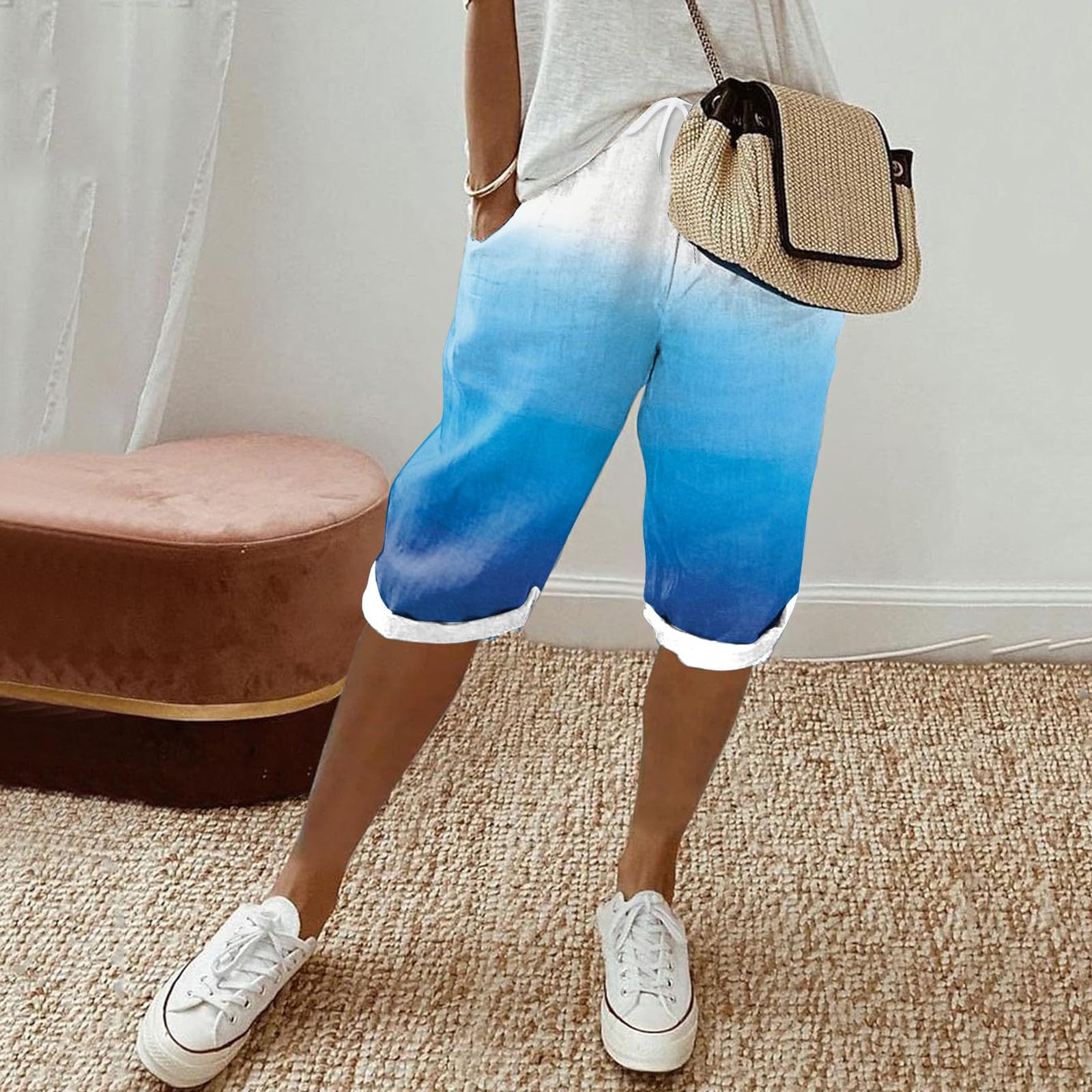 Women's Linen Bermuda Shorts - High Waisted Summer Beach Shorts for Casual Wear