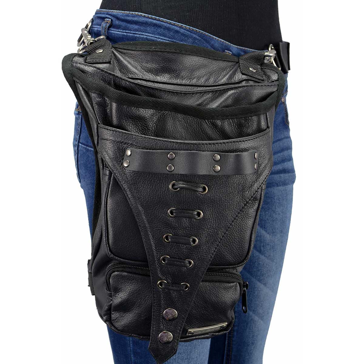 Milwaukee Leather MP8898 Black Leather Conceal Carry Thigh Holster Bag with Adjustable Waist Belt - Perfect for Outdoor Activities, Hiking, and Tactical Use