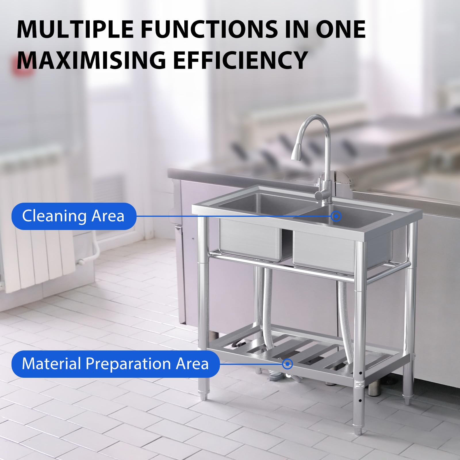 Zstar 33-inch Freestanding Double Bowl Stainless Steel Laundry Sink with Hot & Cold Hoses - NSF Certified Utility Sink for Outdoor Camping, Garage, Restaurant & Backyard - Durable & Rustproof for Heavy-Duty Cleaning Tasks