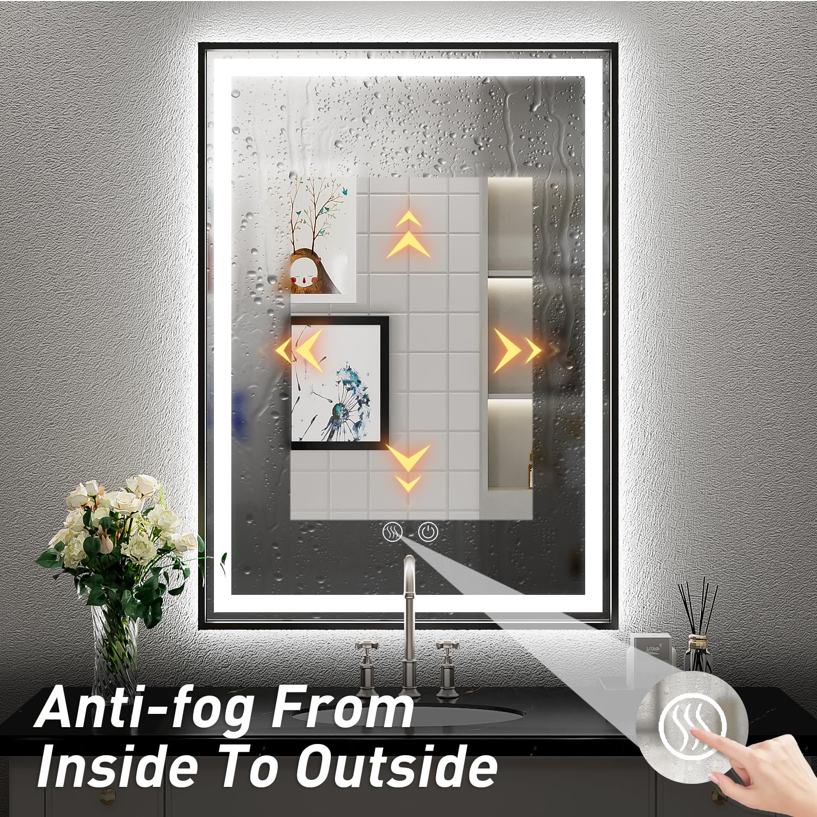 24x32 Inch LED Bathroom Mirror with Frontlit & Backlit - Black Metal Frame Anti-Fog Vanity Mirror with Stepless Dimmable Lights - Perfect for Makeup, Shaving & Home Decor