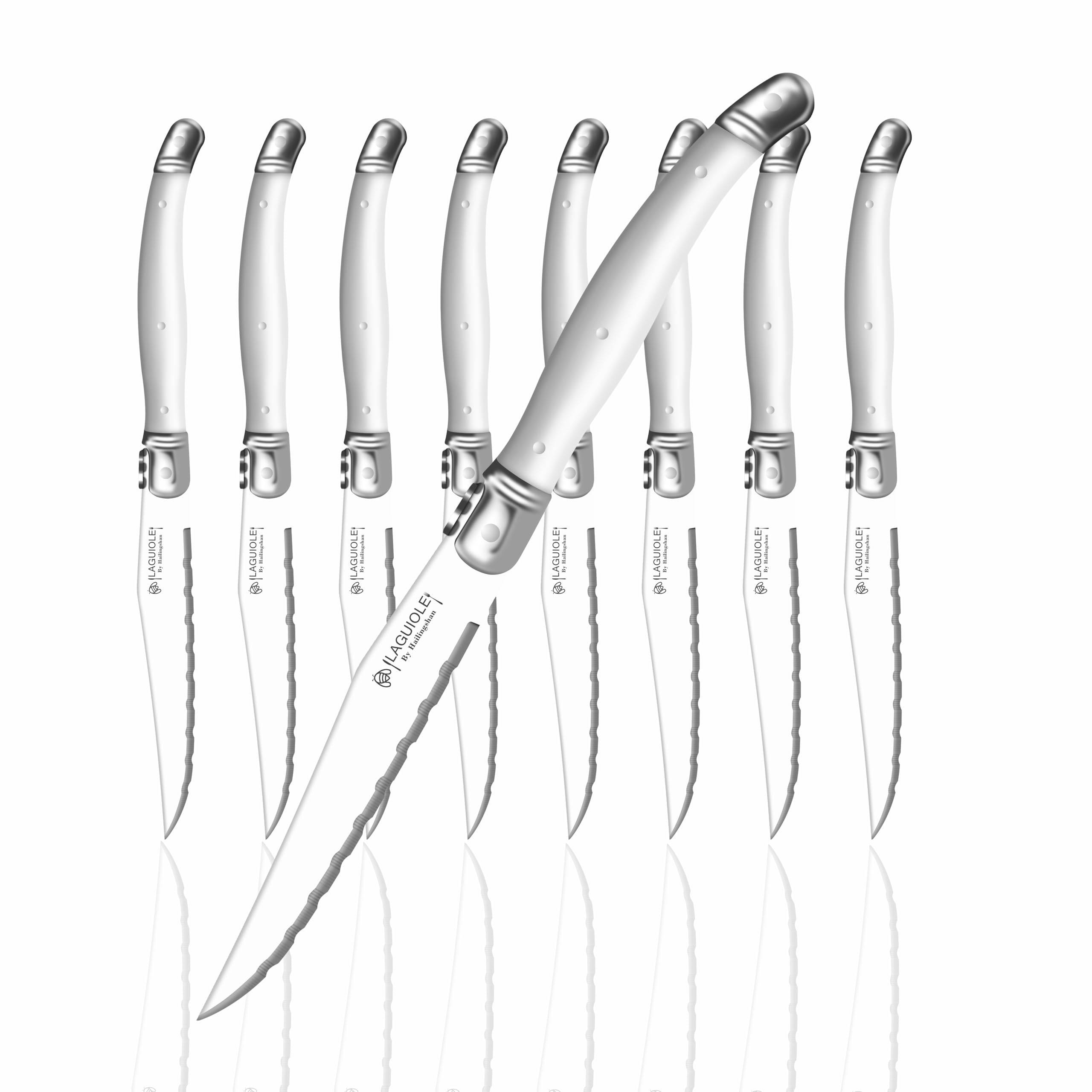 Premium 8-Piece Steak Knife Set - Hailingshan Serrated Stainless Steel Blades, Dishwasher Safe & Razor Sharp - Elegant Laguiole Design with White Plastic Handle - Perfect for Dinner Parties, BBQ, and Steakhouse-Style Dining at Home