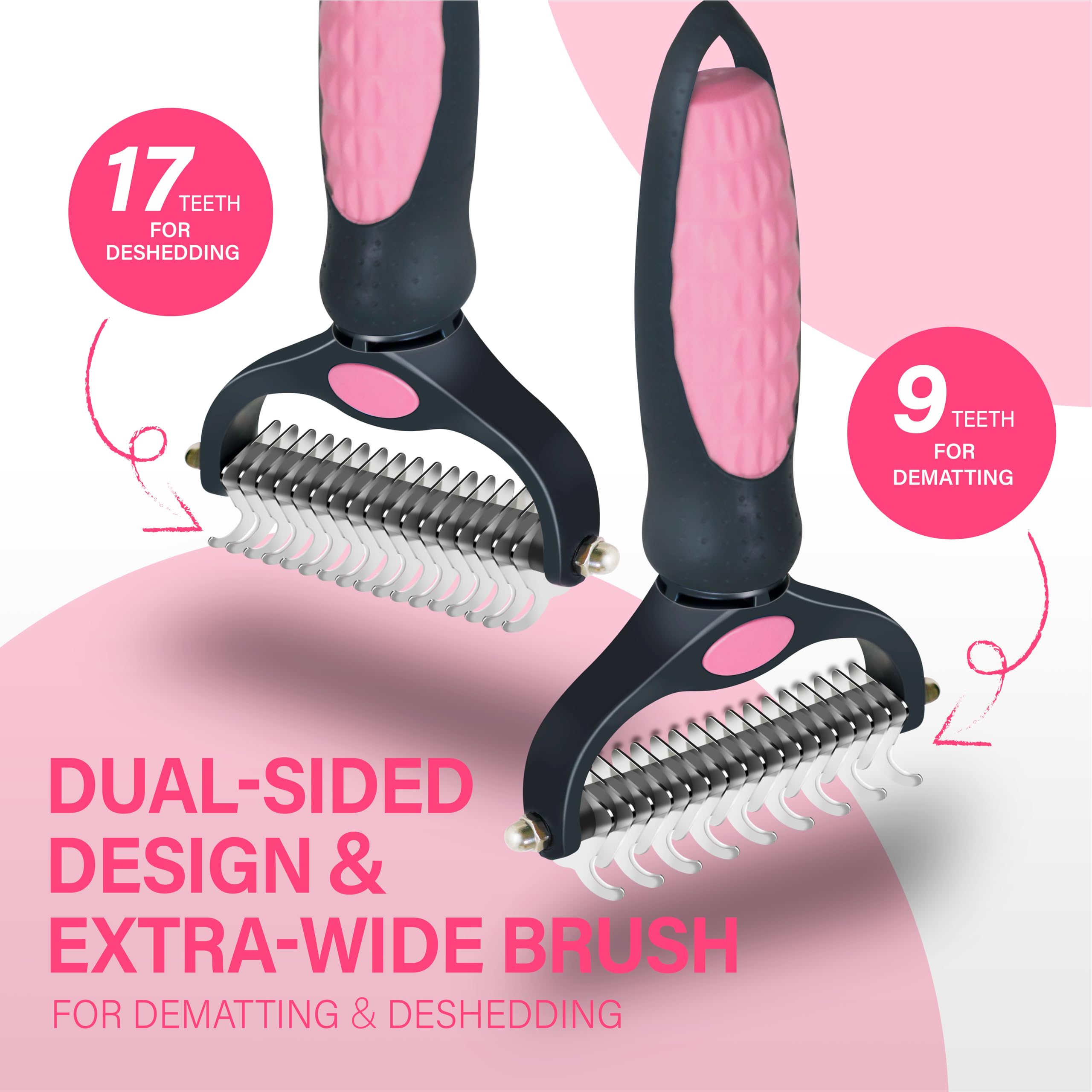 Professional Pet Grooming Brush for Dogs & Cats - Extra Wide Double-Sided Stainless Steel Undercoat Rake for Long-Haired Pets, Removes Knots, Mats & Tangles, Reduces Shedding by 95% (Pink) - Perfect for Home Grooming & Shedding Control