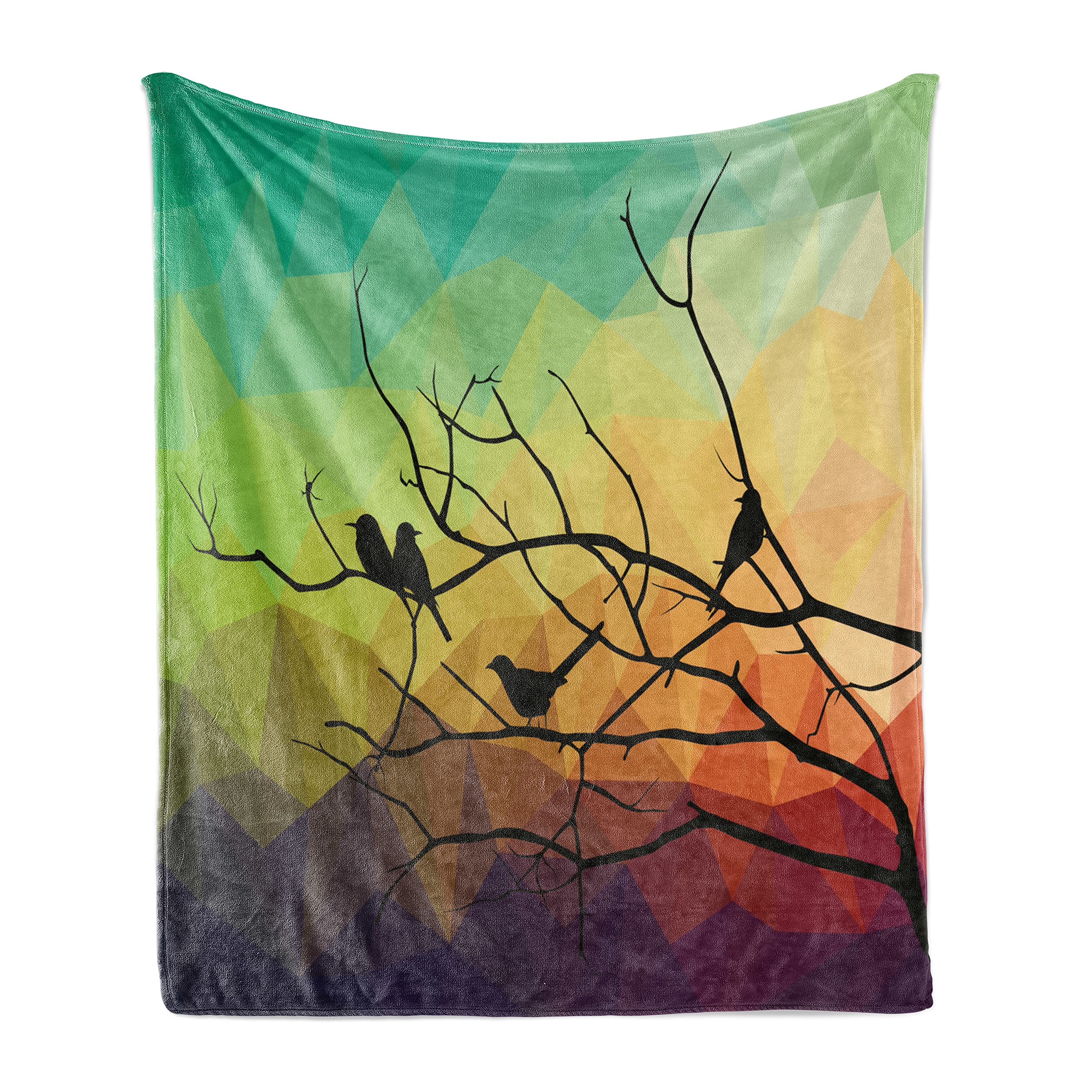 Ambesonne Modern Flannel Fleece Throw Blanket - Birds on Branch with Geometric Abstract Rainbow Print, Soft Accent Blanket for Couch, Bed, Sofa (50