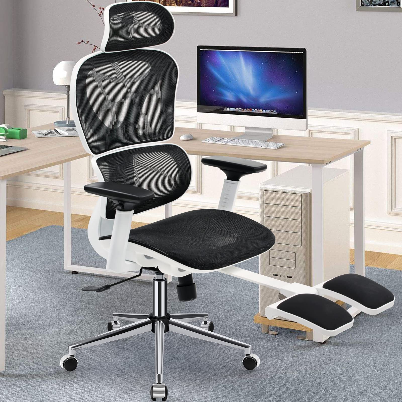KERDOM Ergonomic Office Chair - High Back Mesh Desk Chair with Adjustable Headrest & 22D Armrests, Breathable Computer Task Chair for Home & Office, Executive Swivel Chair with Roller Blade Wheels - Perfect for Long Work Hours, Gaming & Home Office Setup