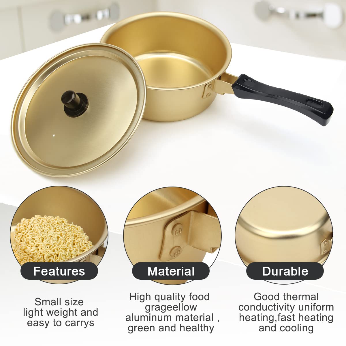 **AHIER Korean Ramen Cooking Pot with Lid, Spoon & Chopsticks - Fast Heating Noodle Pot for Stovetop & Camping - Single Handle Non-Stick Kitchen Cookware**