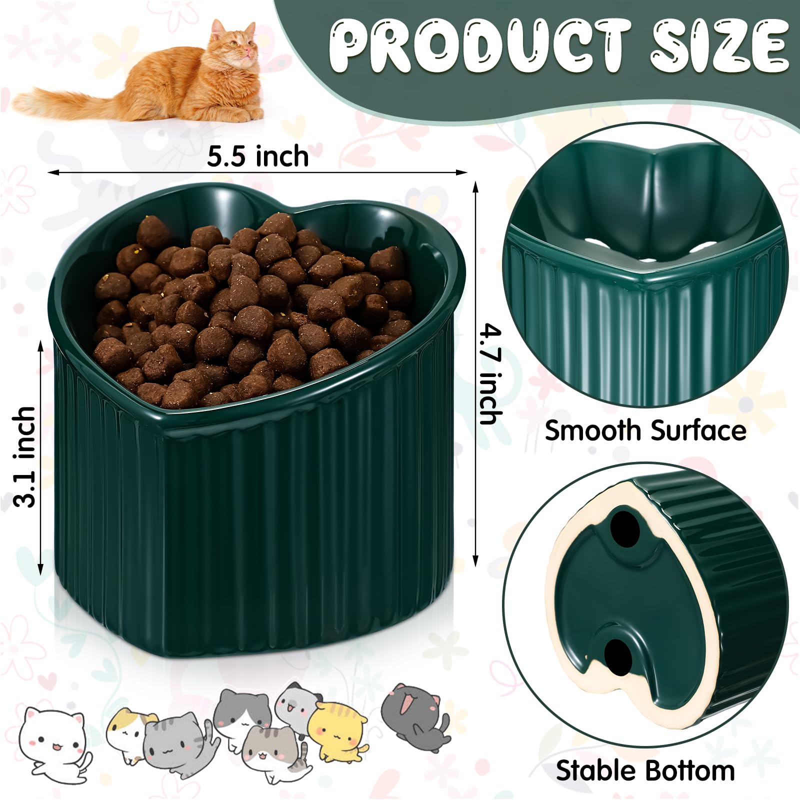 Dandat 4-Piece Ceramic Elevated Cat Bowls - Raised Shallow Pet Food & Water Dishes for Kittens - Helps Reduce Digestion Issues & Vomiting - Stress-Free Feeding for Indoor Cats - Perfect for Small Spaces & Sensitive Stomachs