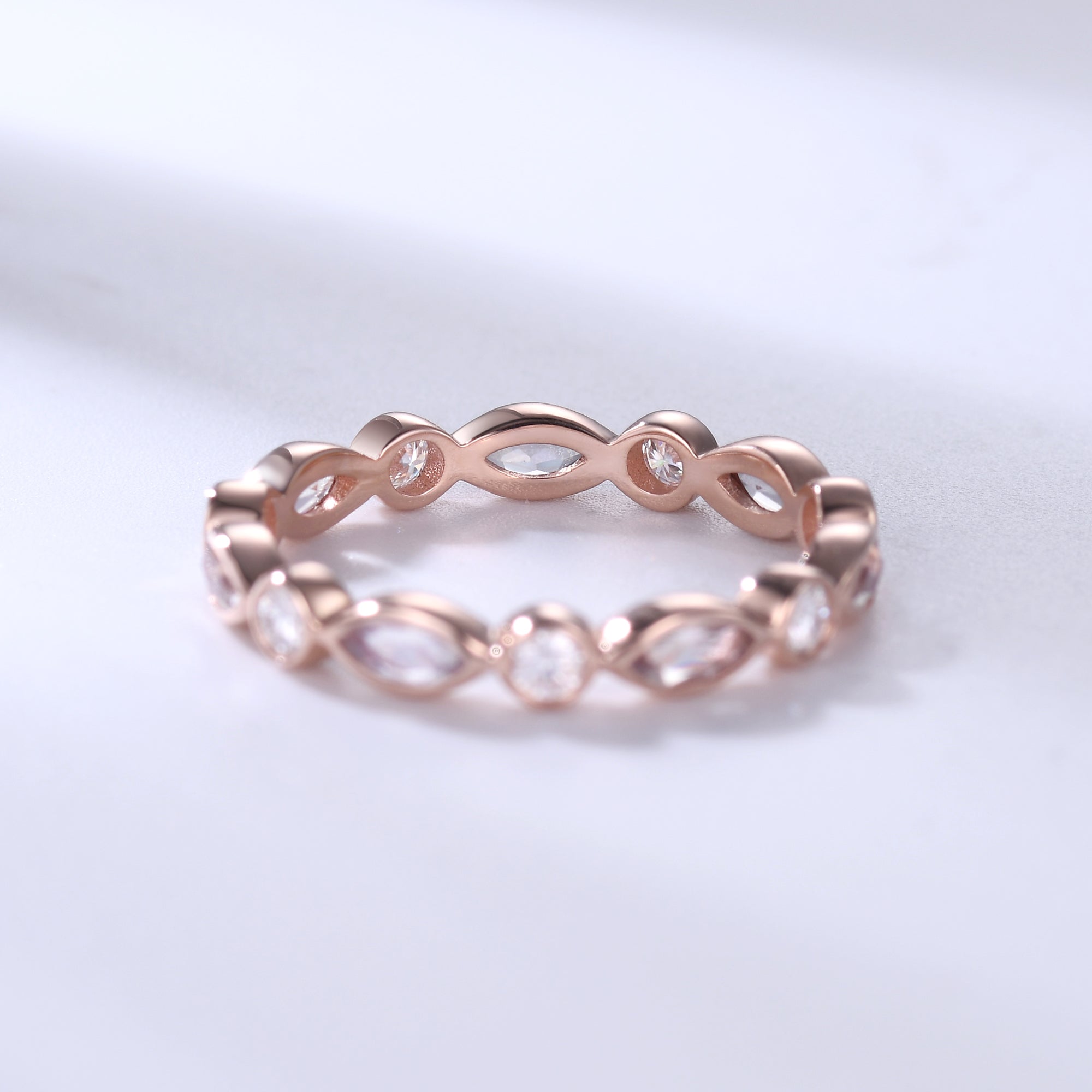 Vintage Moonstone Wedding Band - Moissanite & Rose Gold Marquise Matching Ring Set for Women - Perfect for Engagement, Anniversary, and Bridal Jewelry Gifts