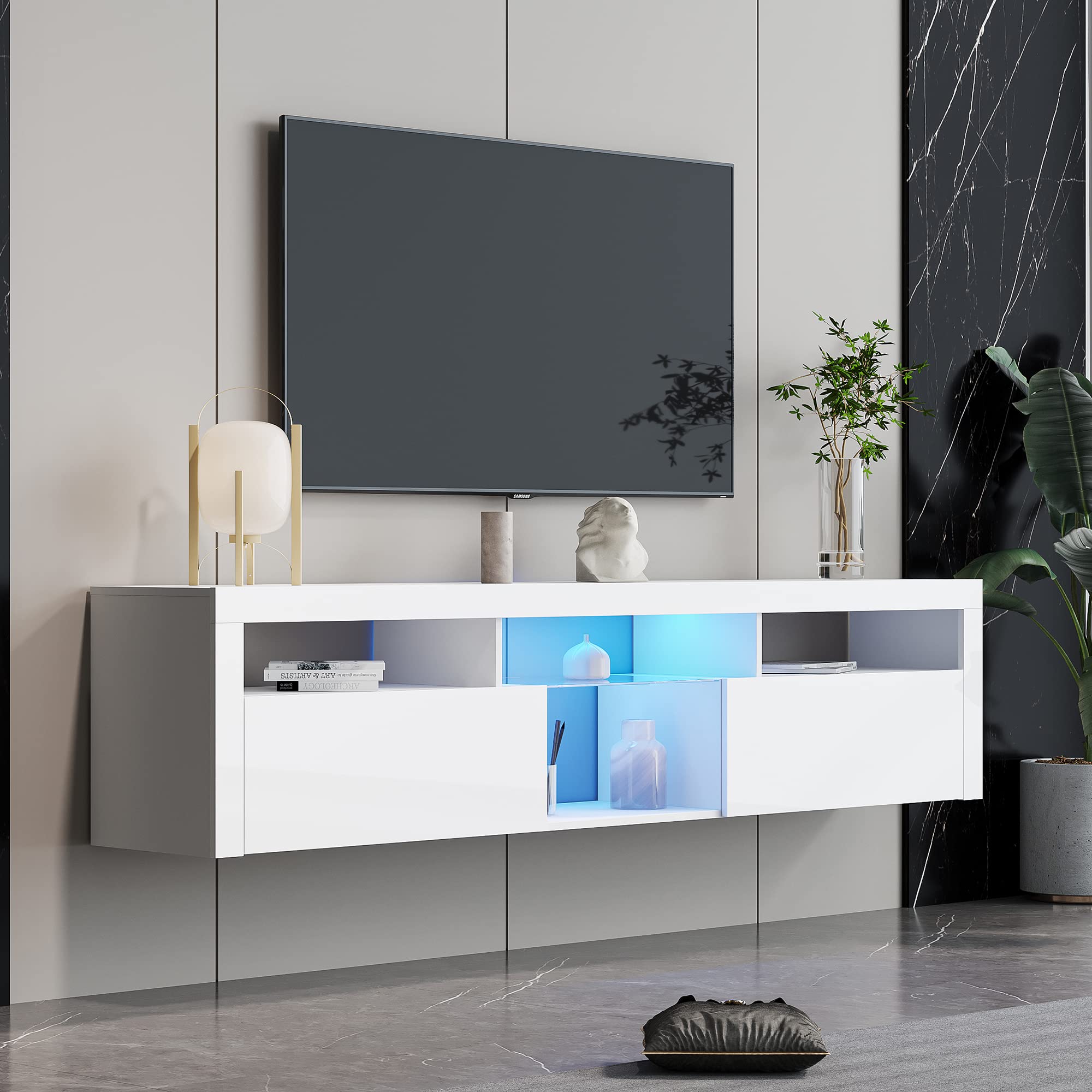 65-85 Inch Floating TV Stand with LED Lights - Wall Mounted Entertainment Center for Living Room & Bedroom - Modern White TV Console for Large Flat Screen TVs - Perfect for Movie Nights & Home Theater Setup