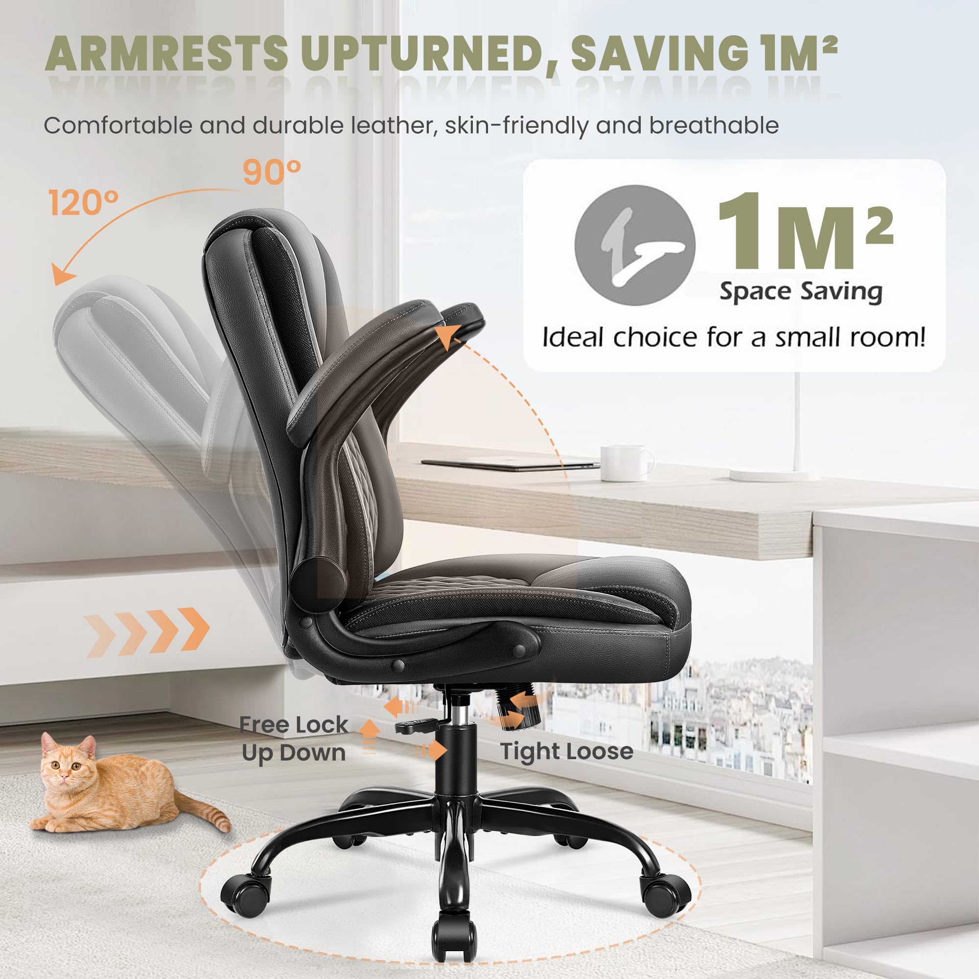 Premium Ergonomic Leather Executive Office Chair with Lumbar Support, Swivel & Wheels - Adjustable Flip-Up Armrests Black for Home Office, Computer Desk & Workspace Comfort