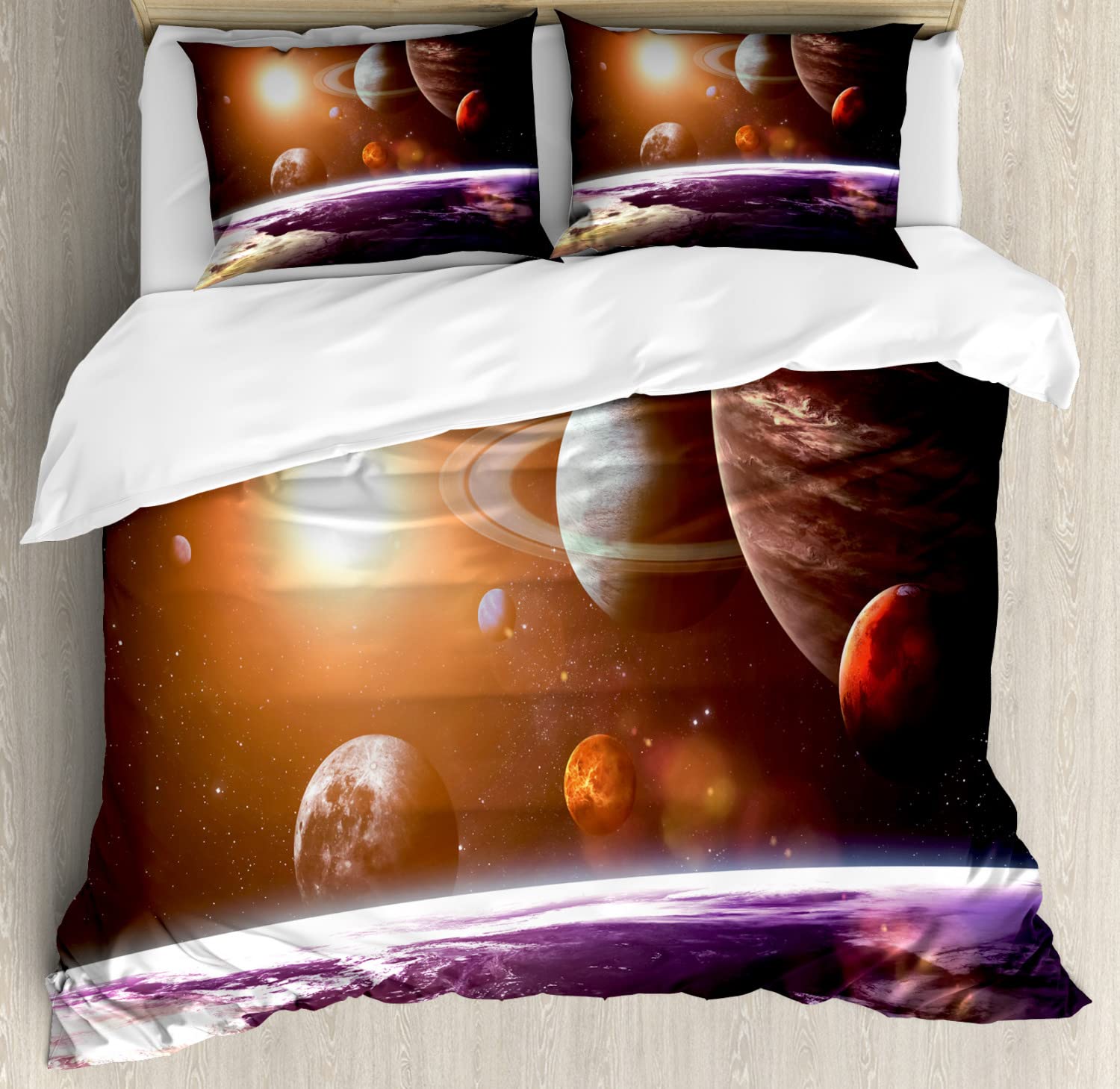 Ambesonne Galaxy Duvet Cover Set - King Size 2-Pack with 2 Duvet Covers & 4 Pillowcases | Space Theme Planetary View Bedding | Science Room Decor in Magenta Orange | Perfect for Astronomy Lovers' Bedrooms & Dorm Rooms