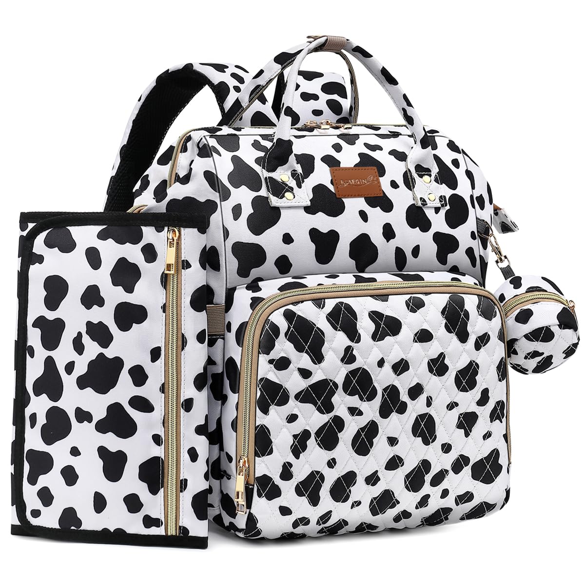 ROSEGIN Large Waterproof Diaper Backpack for Moms - Baby Bag with Changing Pad & Pacifier Case - Stylish Travel Diaper Bag for Boys, Girls & Toddlers - Perfect for Baby Showers, Registry & On-the-Go Parenting (Cow Print)