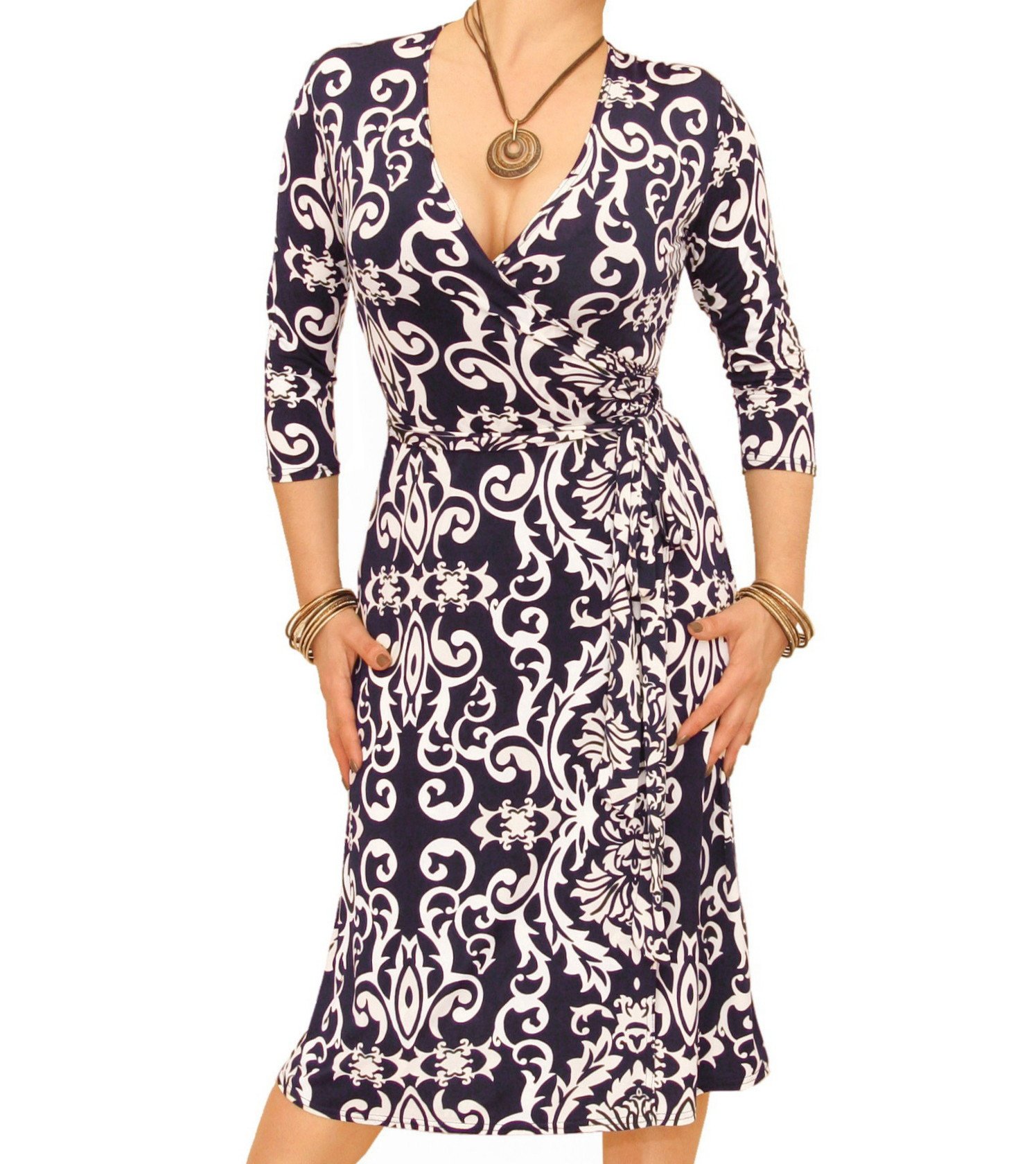 Blue Banana Women's 3/4 Sleeve Floral Wrap Dress - Casual Summer Midi Dress for Beach, Party & Office Wear