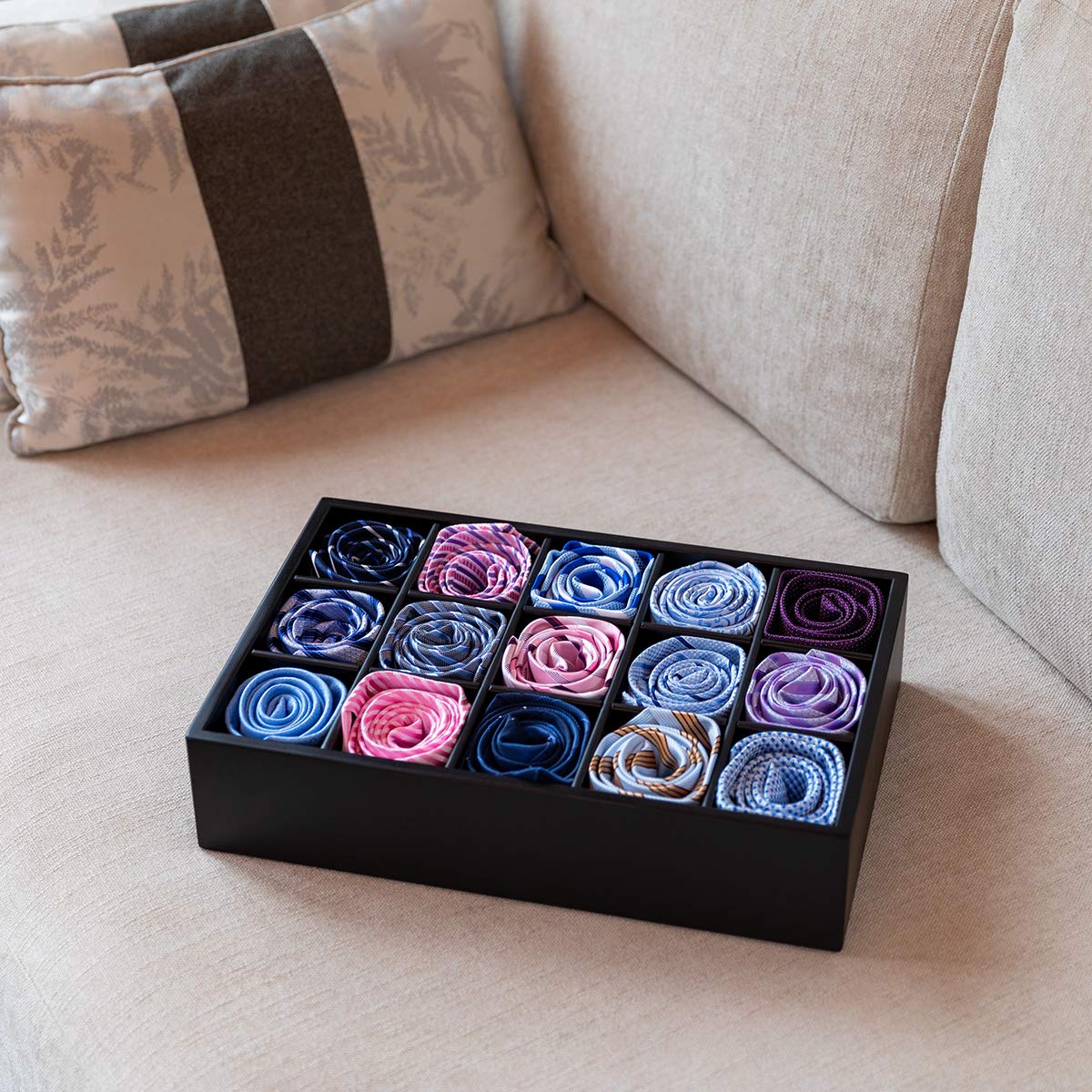 GOBAM Bamboo Drawer Organizer with 15 Compartments - Underwear, Socks & Jewelry Storage Box - Closet & Bedroom Organization for Ties, Bras, Briefs - Perfect for Dresser Drawers, Wardrobes & Vanity Tables - Black