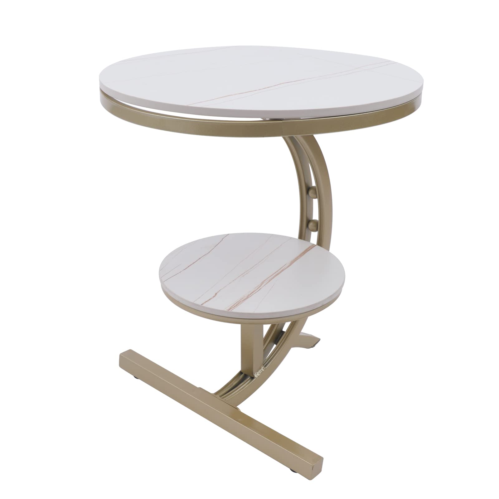 2-Tier C-Shaped Round End Table - Modern Accent Coffee & Side Table for Living Room, Bedroom, or Dining Room - White & Platinum Finish - 19.6