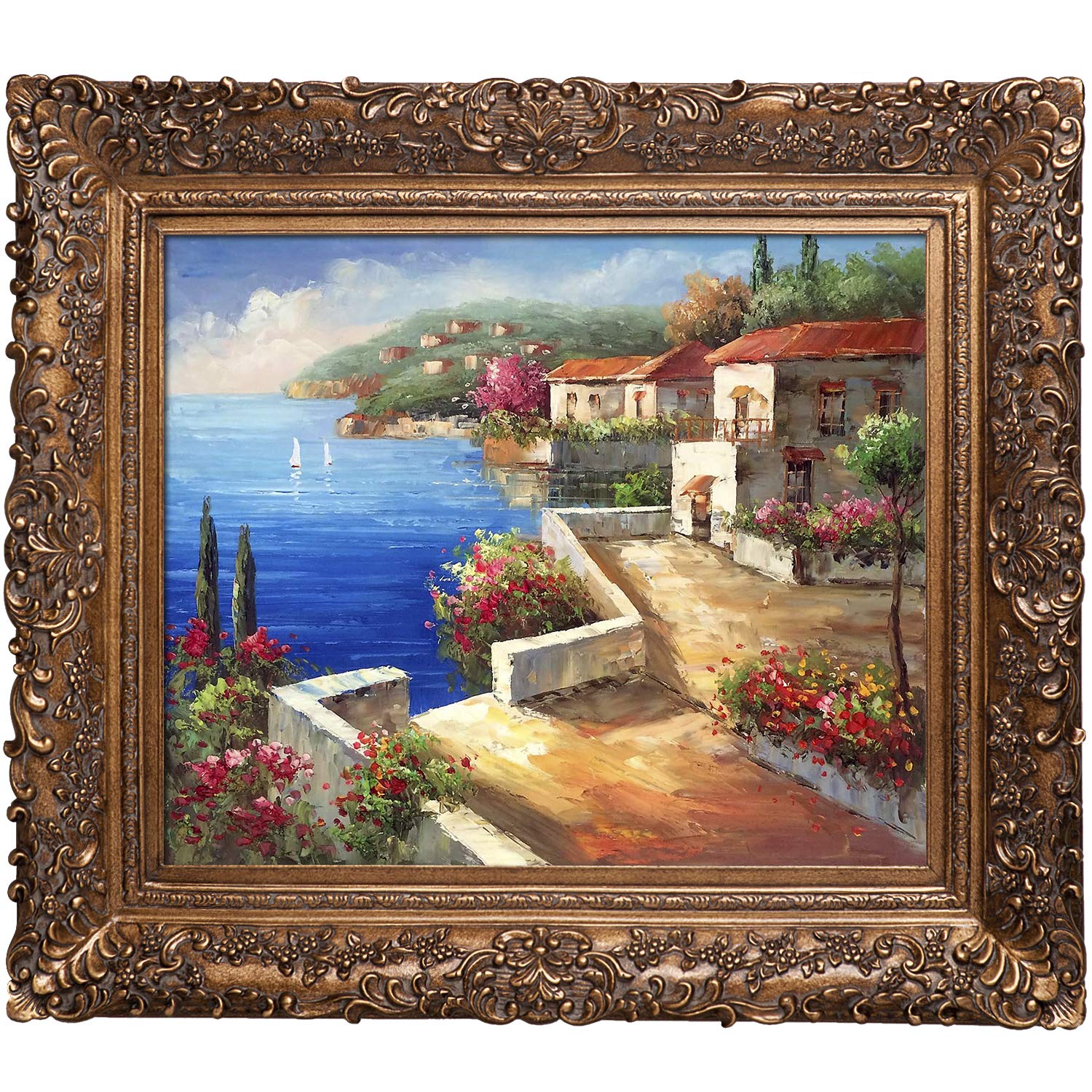 OverstockArt Vacation Harbor with Burgeon Gold Framed Oil Painting - 33.5 x 29.5 Inch Multi-Color Landscape Artwork - Perfect for Living Room, Bedroom or Office Wall Decor