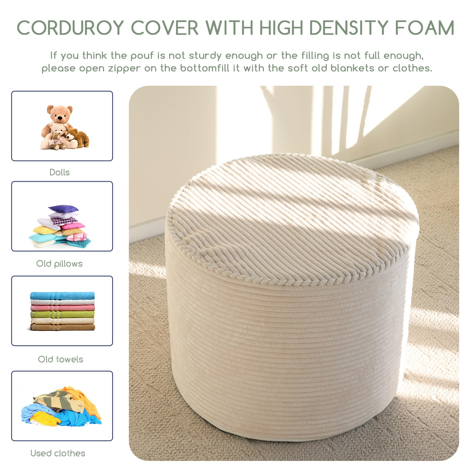 MAXYOYO Round Corduroy Footstool Ottoman - Soft Beige Pouf with High-Density Foam Filling for Living Room, Bedroom & Nursery - Versatile Seating, Footrest & Decorative Accent