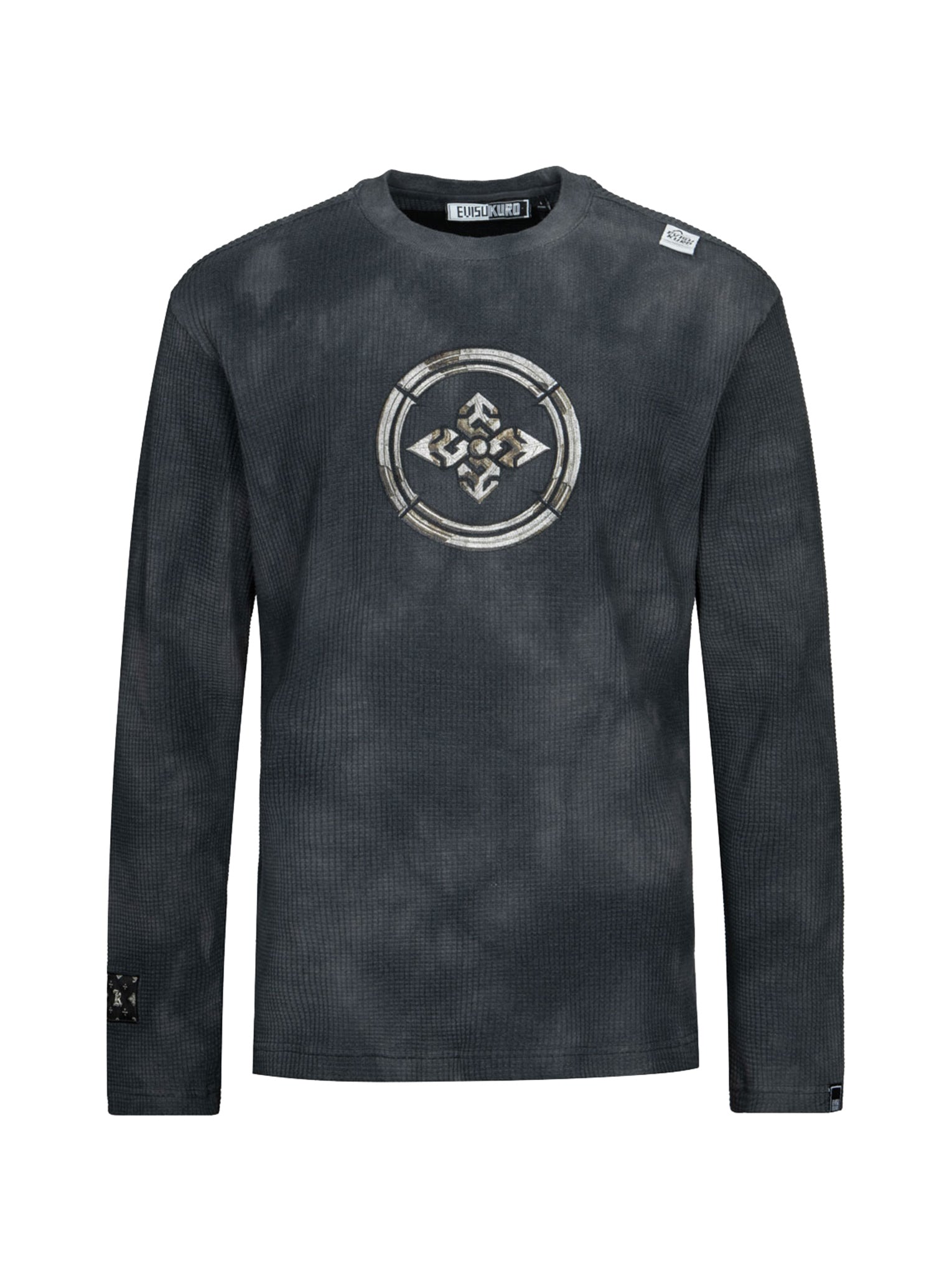 Vintage Tie Dye Long Sleeve T-Shirt with Japanese Kamon Embroidery - Comfortable Relaxed Fit for Men & Women - Perfect for Casual Wear, Festivals, and Boho Fashion