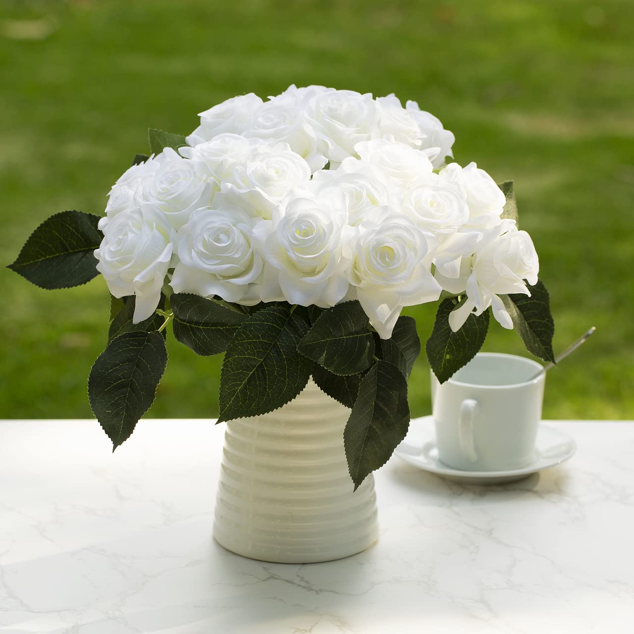 ENOVA FLORAL 7 Large Stems White Artificial Roses - Realistic Fake Flowers for Wedding Centerpieces, Home Decor, Party Arrangements & Tabletop Displays (White)