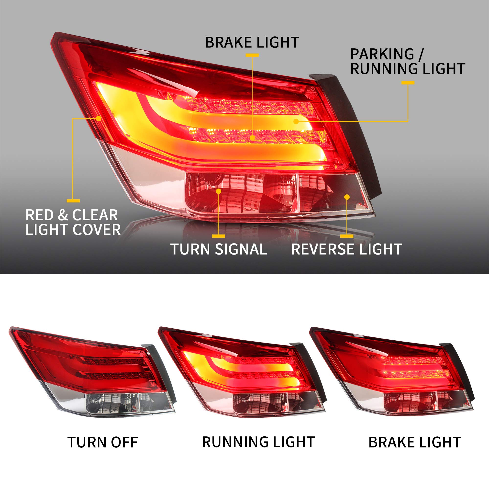 YUANZHENG LED Tail Lights for Honda Accord Inspire 8th Gen Sedan 2008-2012 (2PCS Red & Clear) - YAB-YG-0196 Replacement Parts - Enhance Night Visibility & Safety for Daily Commute & Road Trips