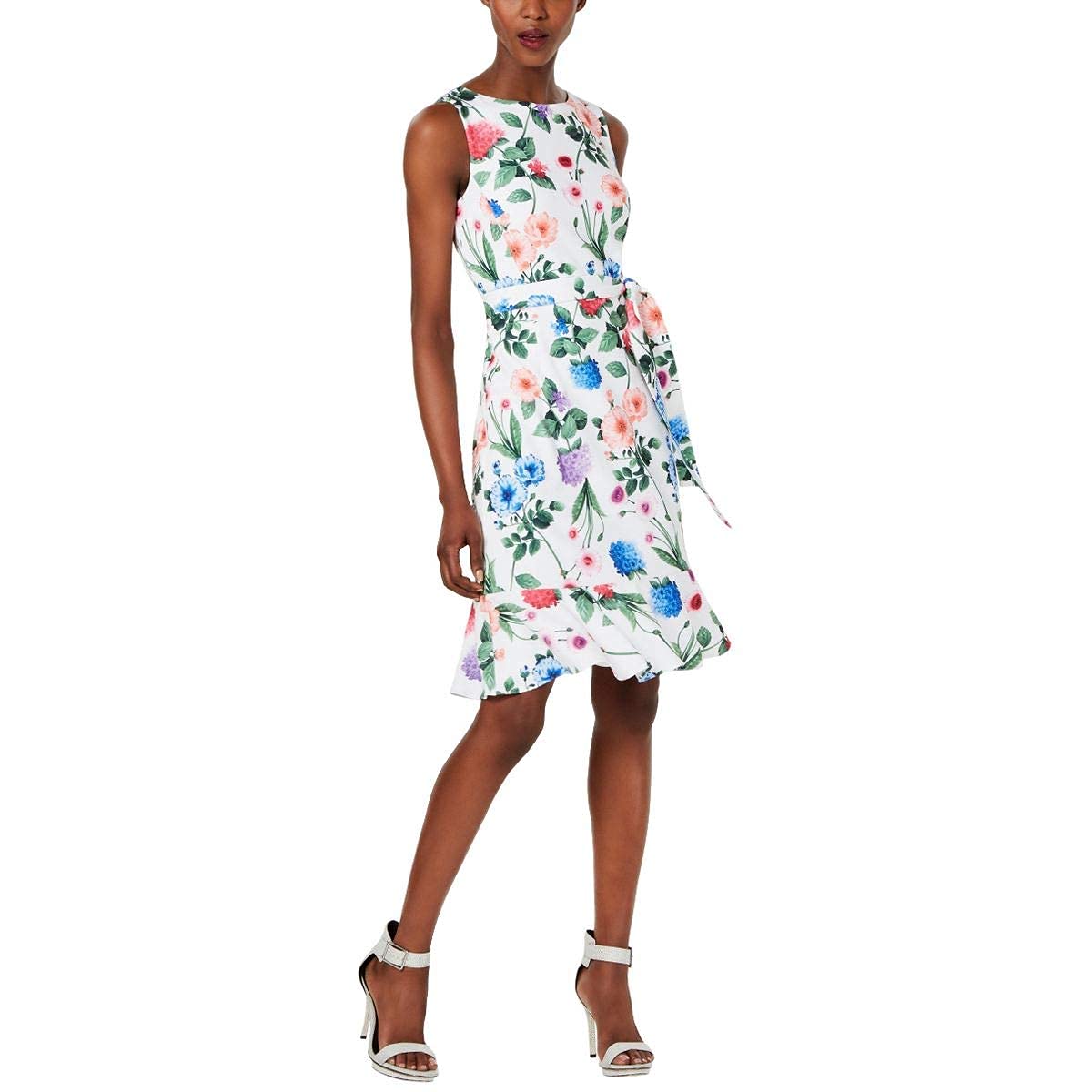 Calvin Klein Women's Petite Sleeveless Ruffle Hem Sheath Dress with Self-Tie Sash - Perfect for Office Wear, Cocktail Parties & Special Occasions