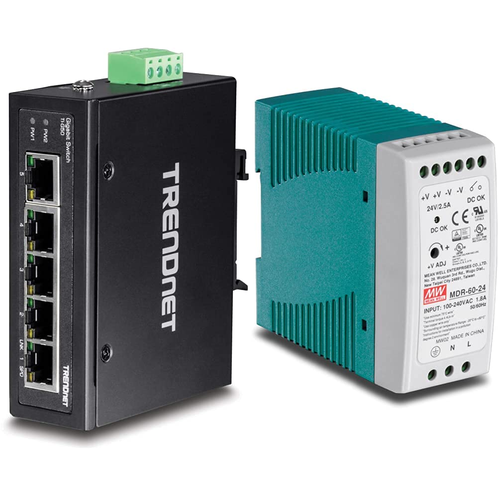 TRENDnet 5-Port Industrial Gigabit DIN-Rail Switch with 10Gbps Capacity & IP30 Rating (-40°F to 167°F) + 60W DIN-Rail Power Supply - Ideal for Factory Automation, Smart Grids & Harsh Industrial Environments