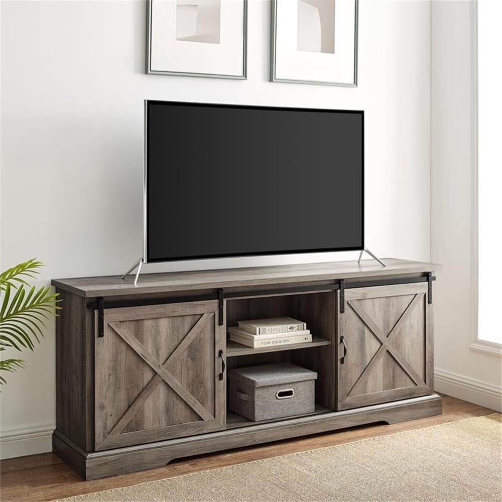 Walker Edison Corbin Modern Farmhouse Sliding X Barn Door TV Stand for 70-80 Inch TVs, Grey Wash - Perfect for Living Room, Bedroom & Home Theater Entertainment Centers