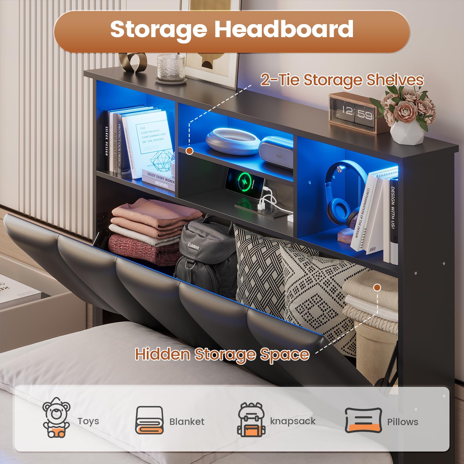 AOGLLATI Twin Bed Frame with 4 Storage Drawers, USB Charging Station & LED Lights - Modern Twin Size Bed with Bookcase Headboard & Metal Slats, No Box Spring Required - Perfect for Small Bedrooms, Dorms & Guest Rooms (Black)