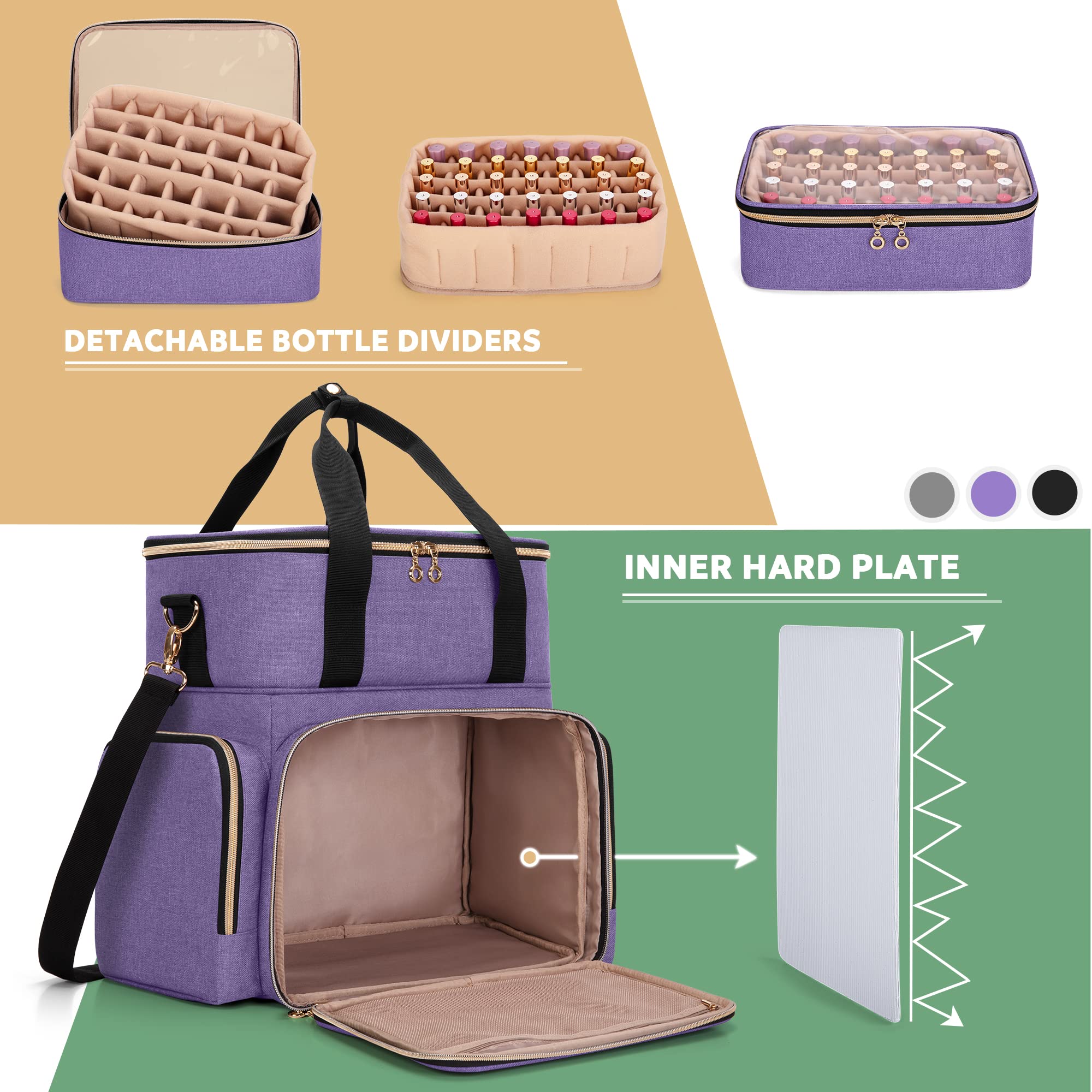 LUXJA Nail Polish Organizer Case Holds 70 Bottles & UV/LED Lamp - Portable Nail Art Storage with 2 Removable Bags & Tool Pockets - Perfect for Salon Professionals & Home Manicures (Purple)