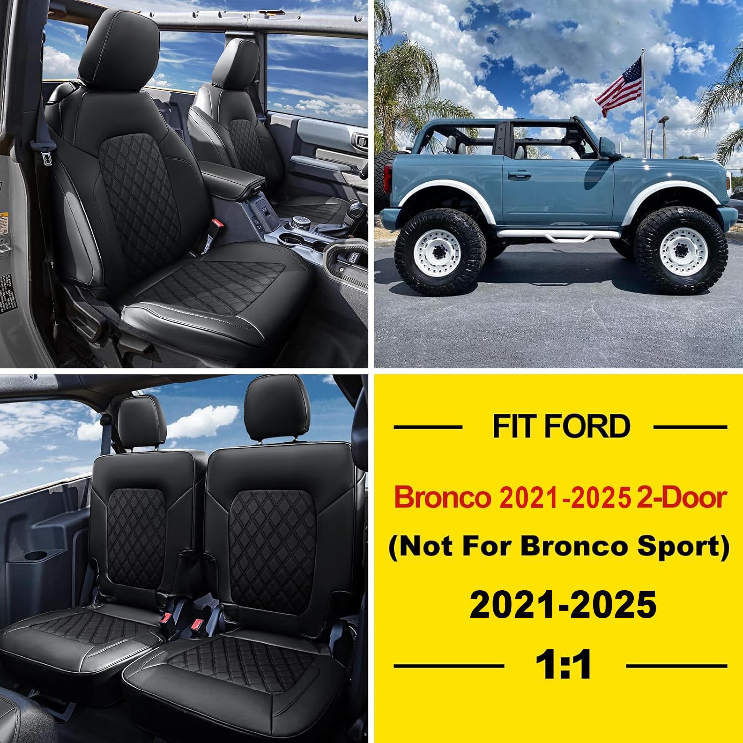 Custom Fit Ford Bronco 2 Door Seat Covers 2021-2025 - Full Set Faux Leather with Airbag Compatibility (Black) | Durable & Stylish Protection for Off-Road Adventures & Daily Commutes